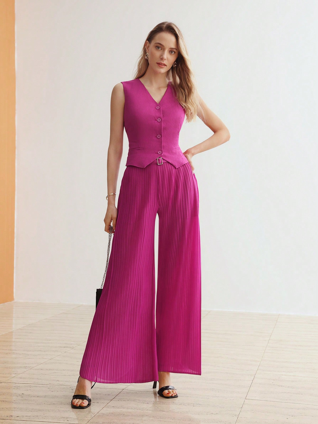 CM-BS006916 Women Elegant Seoul Style Solid Color High Waisted Plisse Wide Leg Pants - Purple