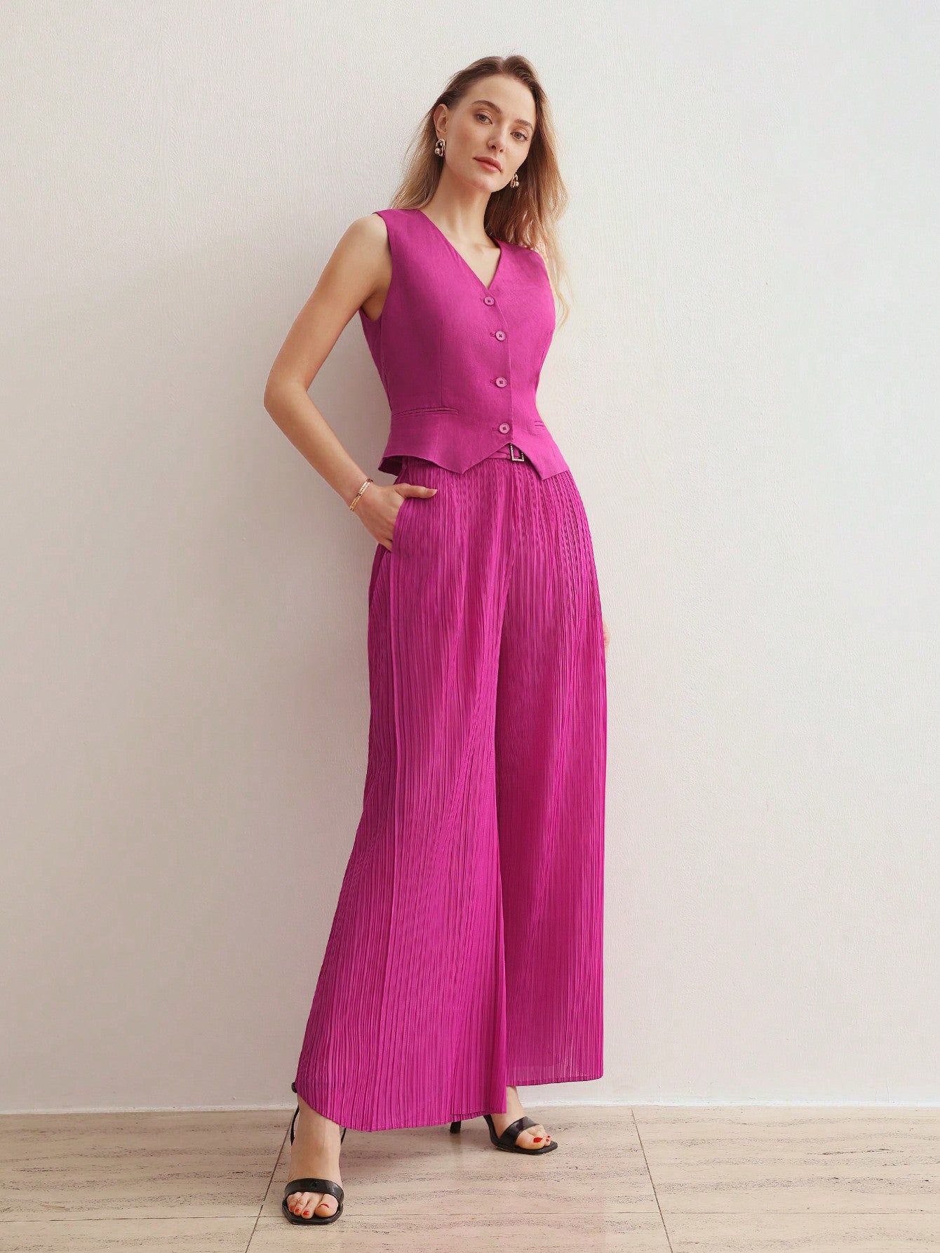 CM-BS006916 Women Elegant Seoul Style Solid Color High Waisted Plisse Wide Leg Pants - Purple