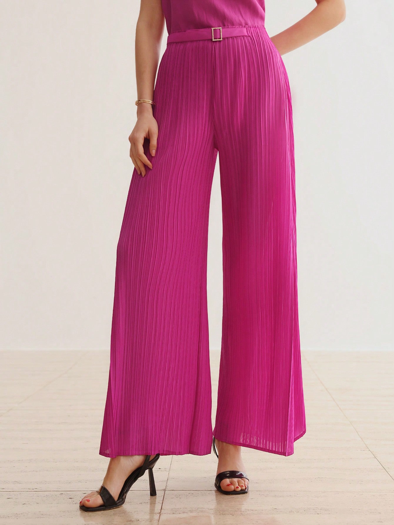 CM-BS006916 Women Elegant Seoul Style Solid Color High Waisted Plisse Wide Leg Pants - Purple