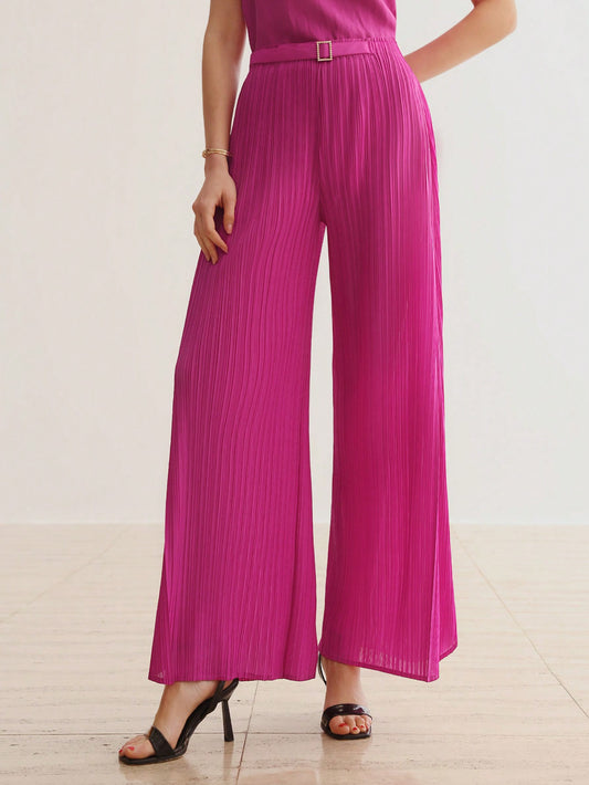 CM-BS006916 Women Elegant Seoul Style Solid Color High Waisted Plisse Wide Leg Pants - Purple