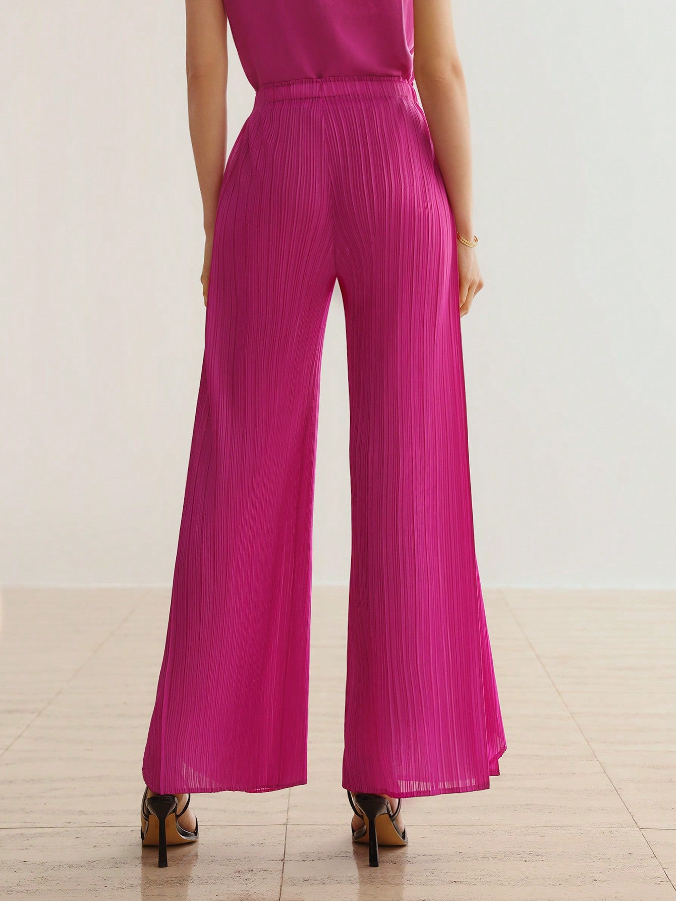 CM-BS006916 Women Elegant Seoul Style Solid Color High Waisted Plisse Wide Leg Pants - Purple
