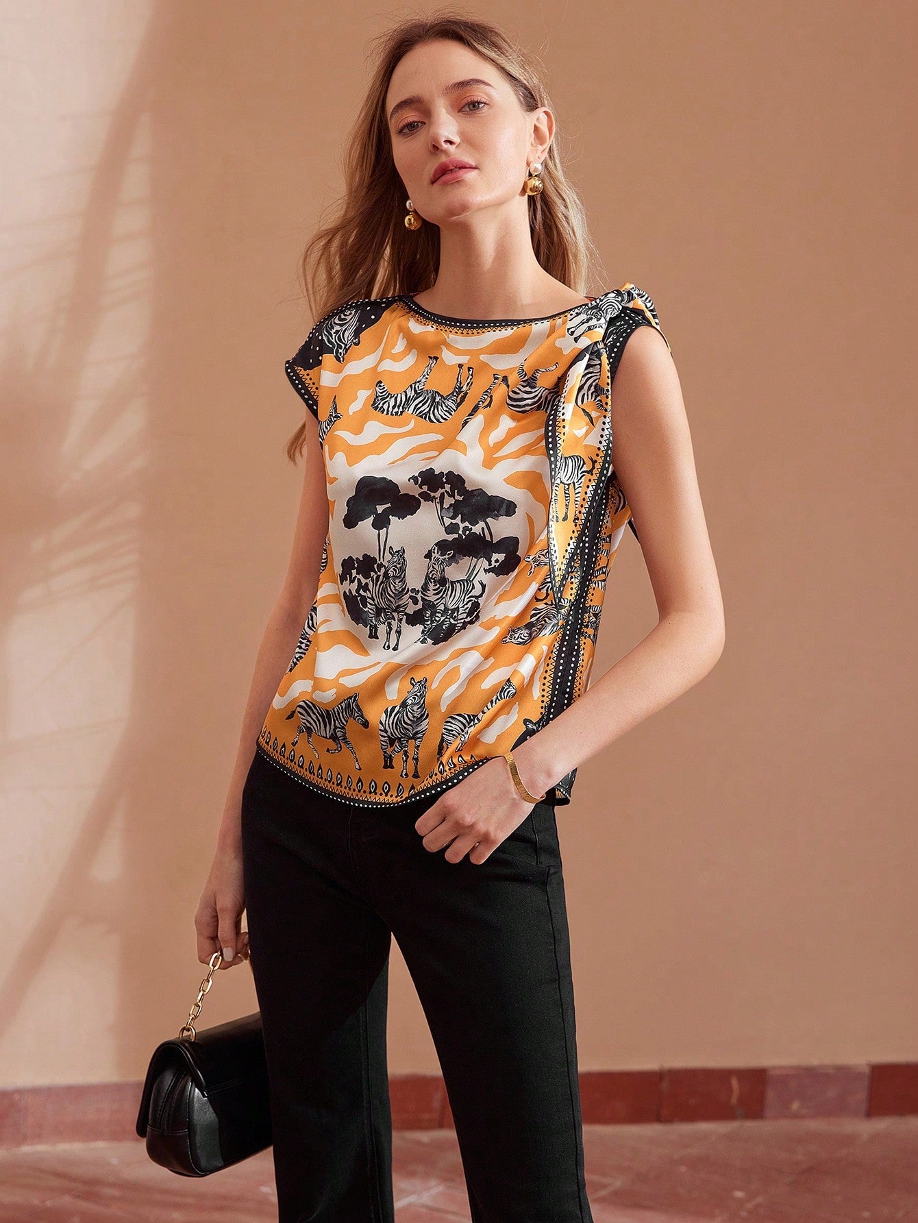 CM-TS228602 Women Casual Seoul Style Round Neck Tropical Prints Bow Details Batwing Sleeve Blouse