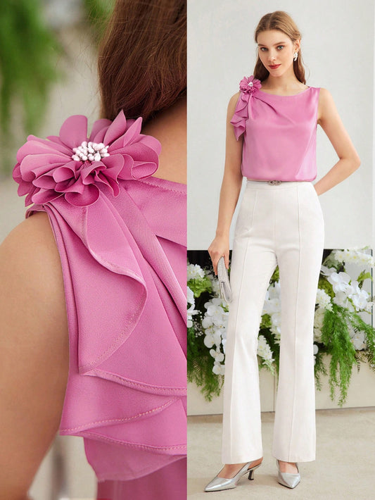 CM-TS951995 Women Elegant Seoul Style Stereo Floral Decor Round Neck Sleeveless Blouse - Pink