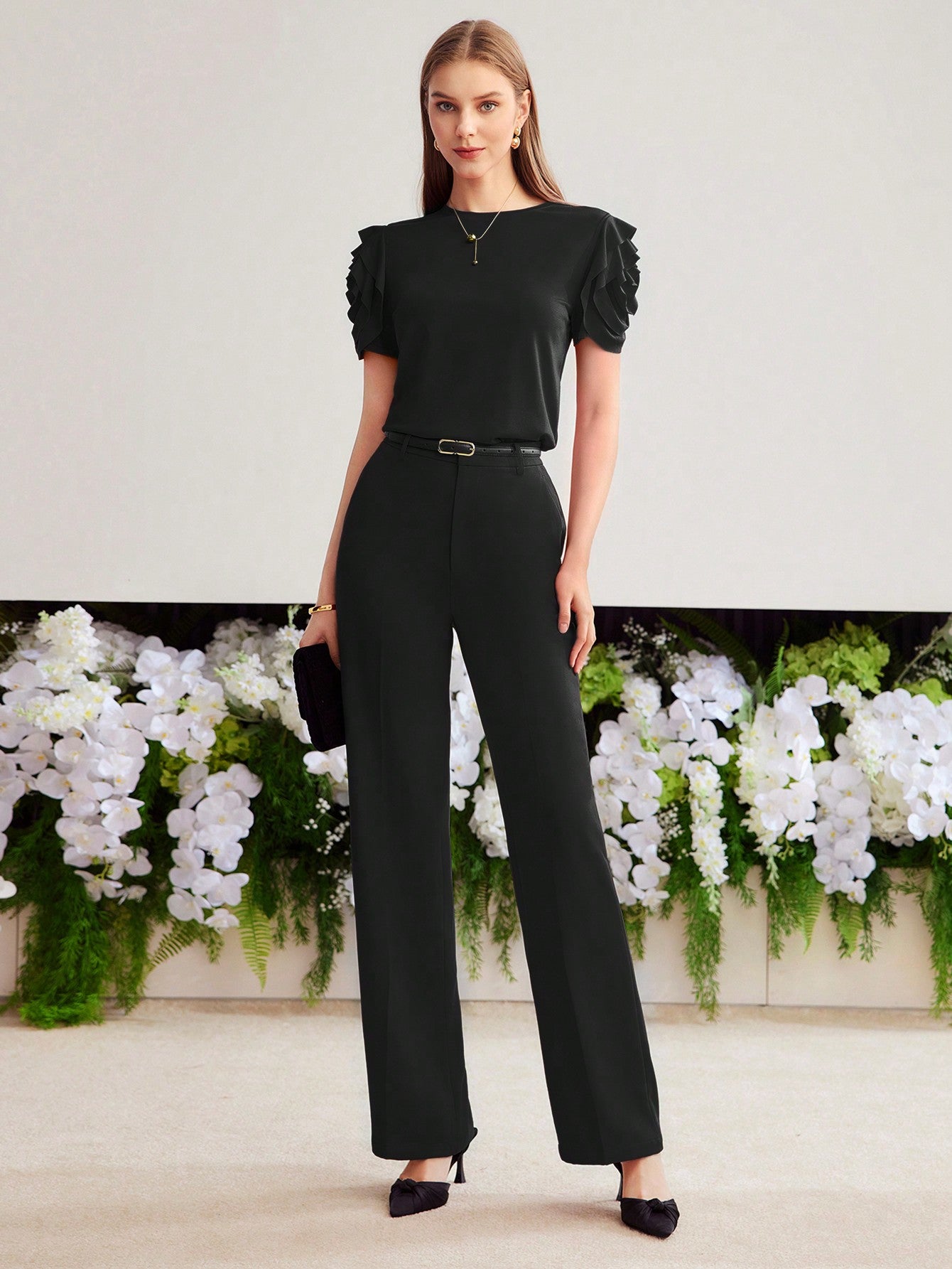 CM-TS777045 Women Casual Seoul Style Round Neck Puff Sleeve Knit Ruffle Trim T-Shirt - Black