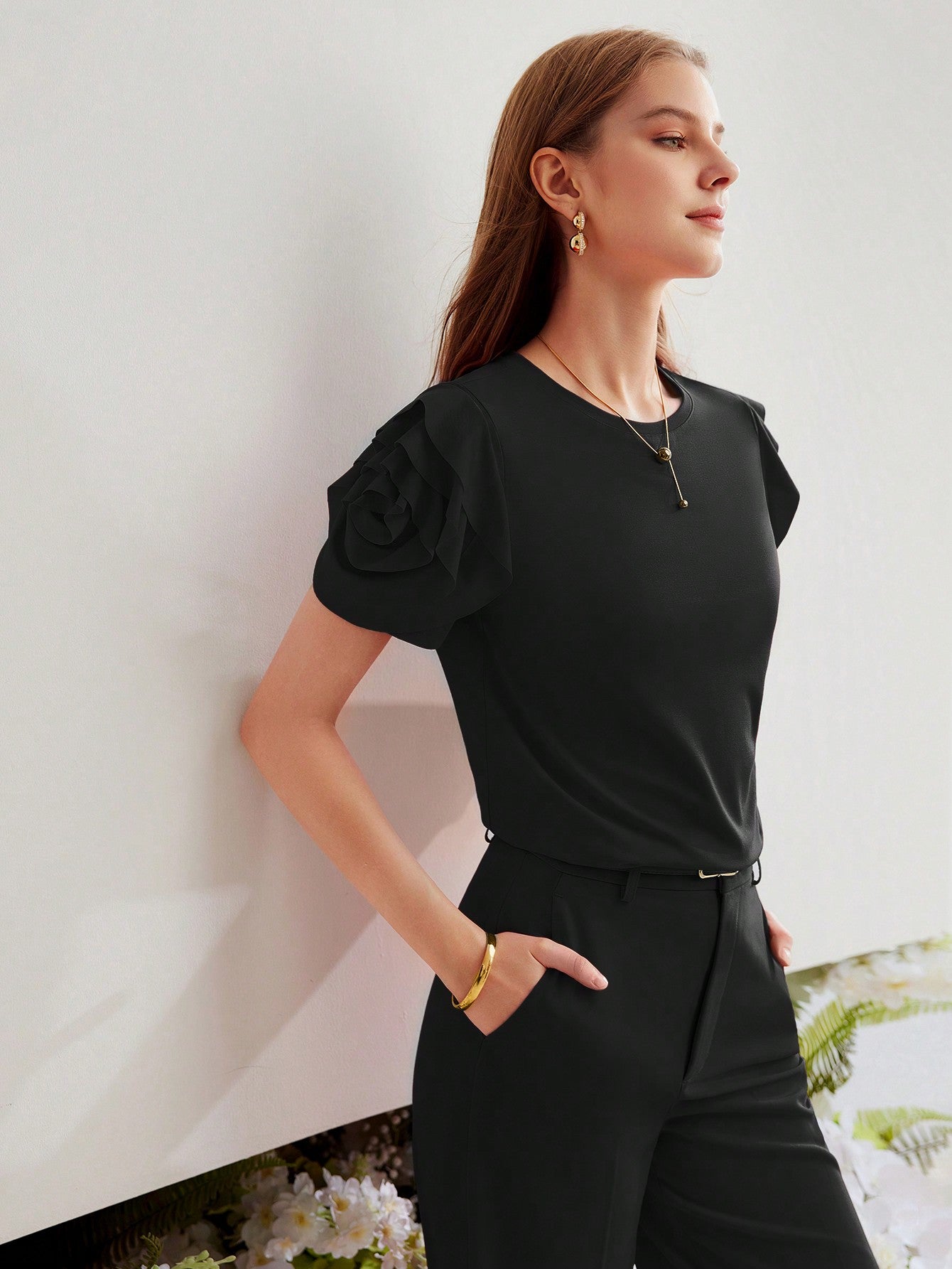 CM-TS777045 Women Casual Seoul Style Round Neck Puff Sleeve Knit Ruffle Trim T-Shirt - Black