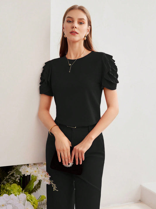 CM-TS777045 Women Casual Seoul Style Round Neck Puff Sleeve Knit Ruffle Trim T-Shirt - Black