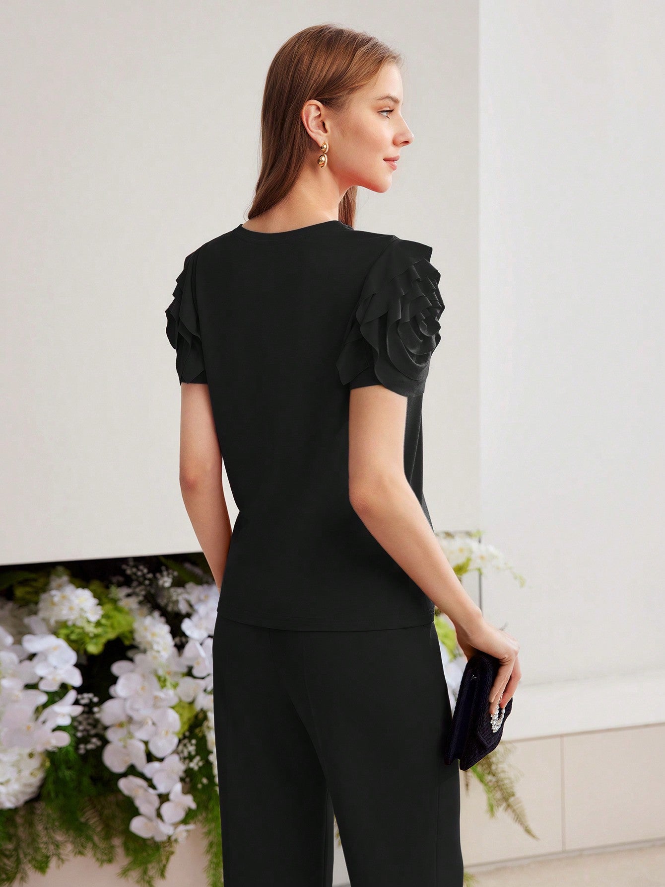 CM-TS777045 Women Casual Seoul Style Round Neck Puff Sleeve Knit Ruffle Trim T-Shirt - Black