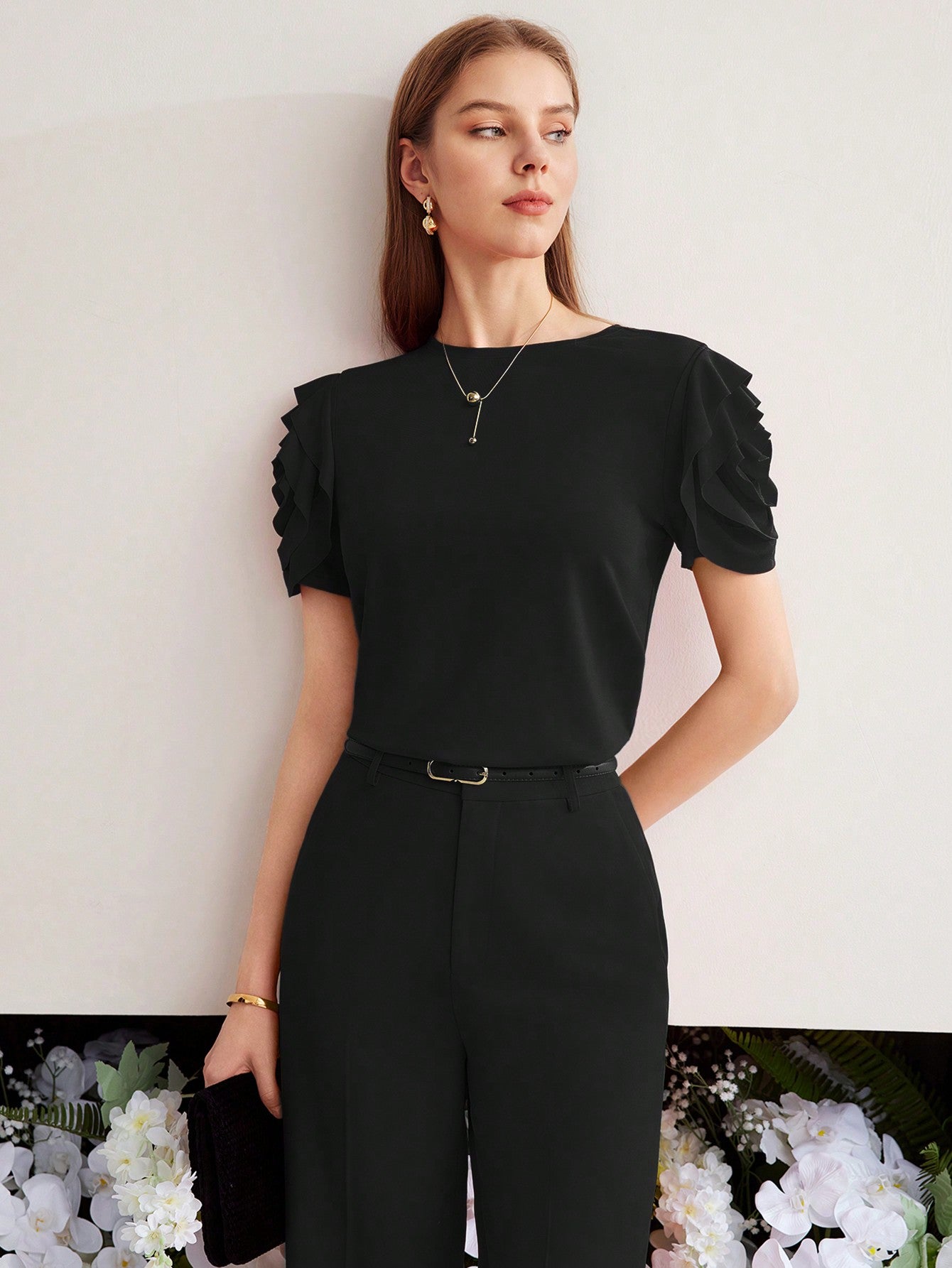 CM-TS777045 Women Casual Seoul Style Round Neck Puff Sleeve Knit Ruffle Trim T-Shirt - Black