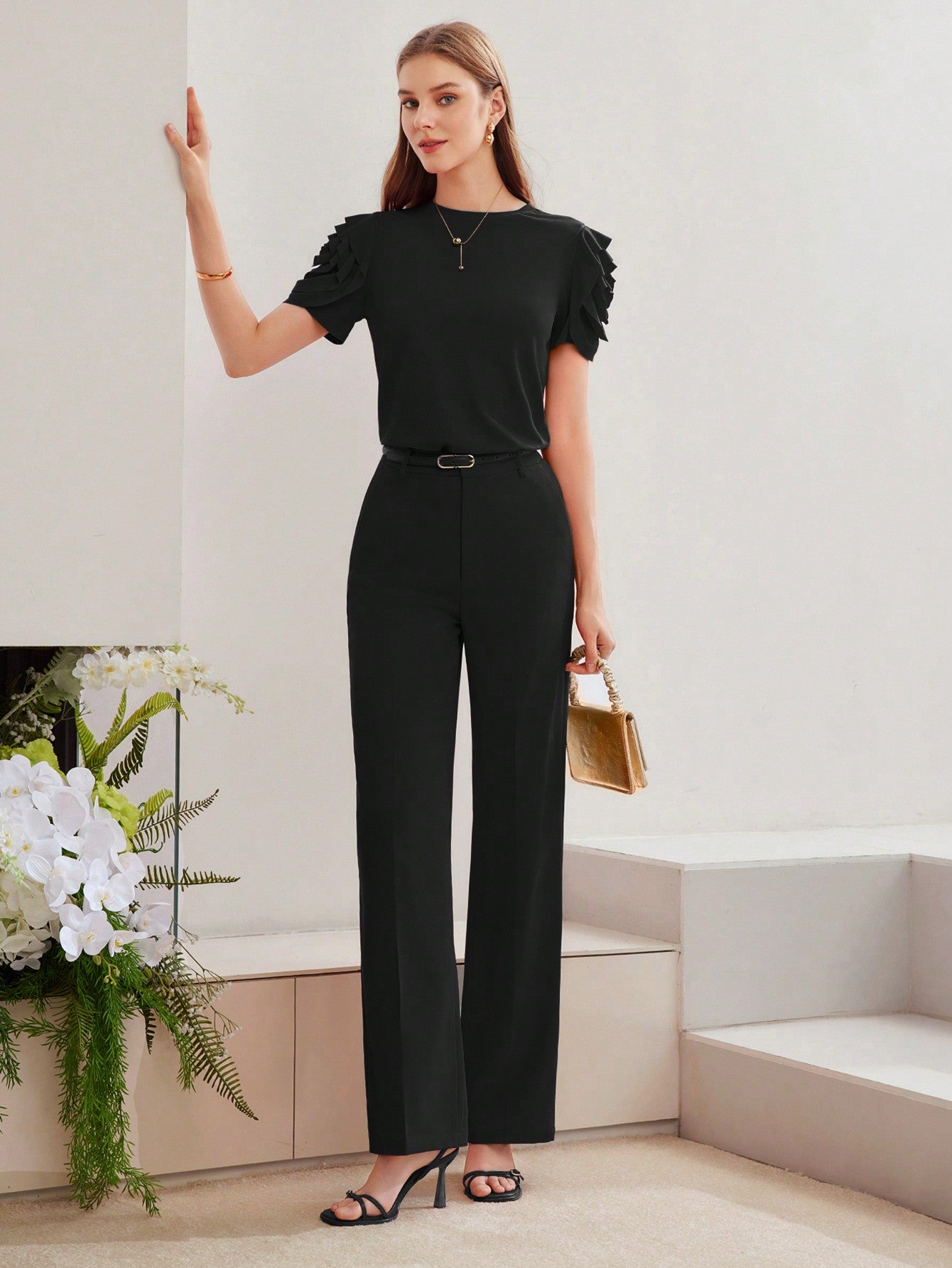 CM-TS777045 Women Casual Seoul Style Round Neck Puff Sleeve Knit Ruffle Trim T-Shirt - Black