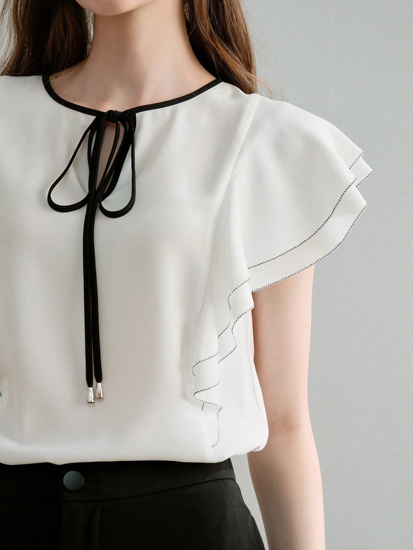 CM-TS568116 Women Elegant Seoul Style Colorblock Tie Neck Ruffle Armhole Short Sleeve Blouse
