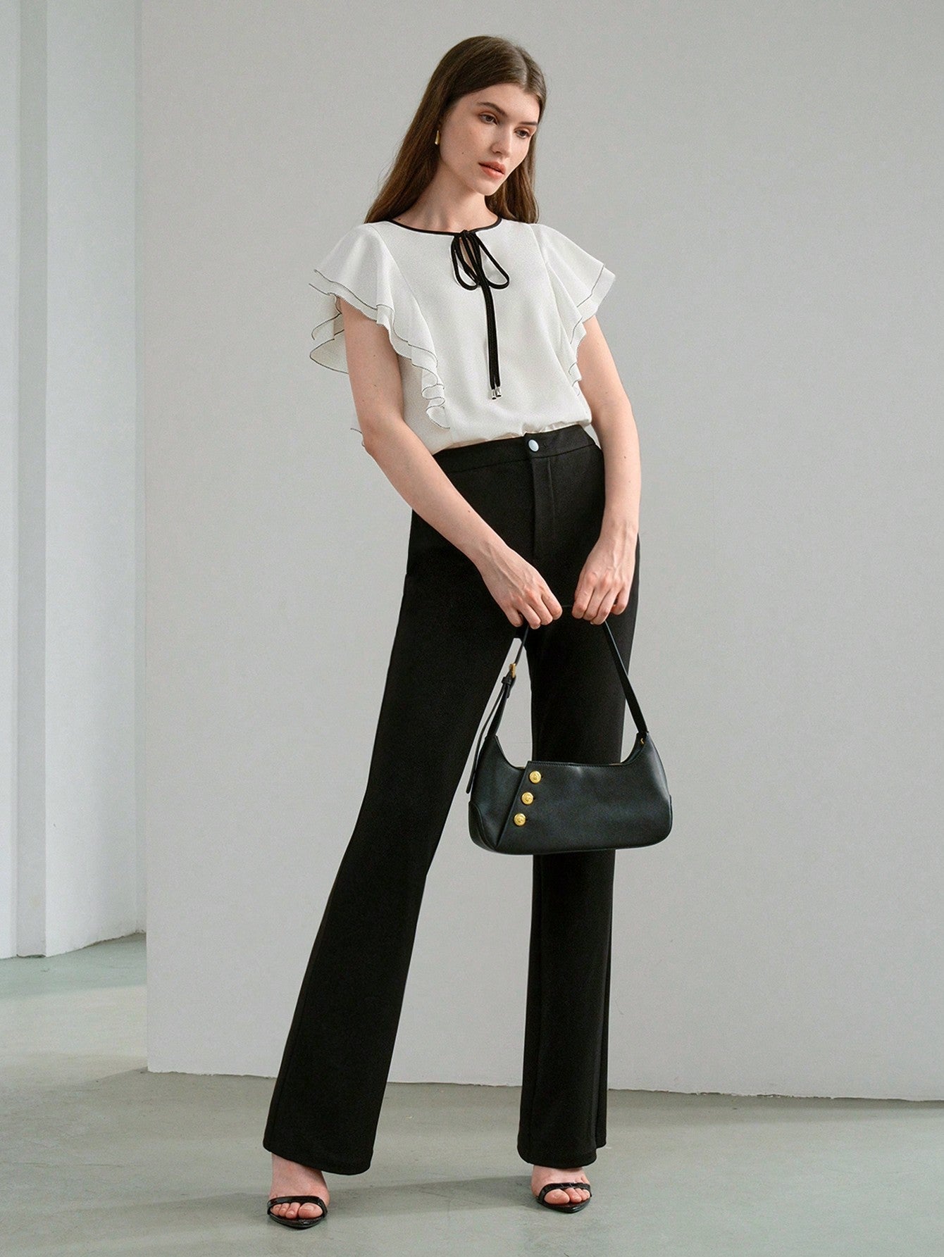CM-TS568116 Women Elegant Seoul Style Colorblock Tie Neck Ruffle Armhole Short Sleeve Blouse