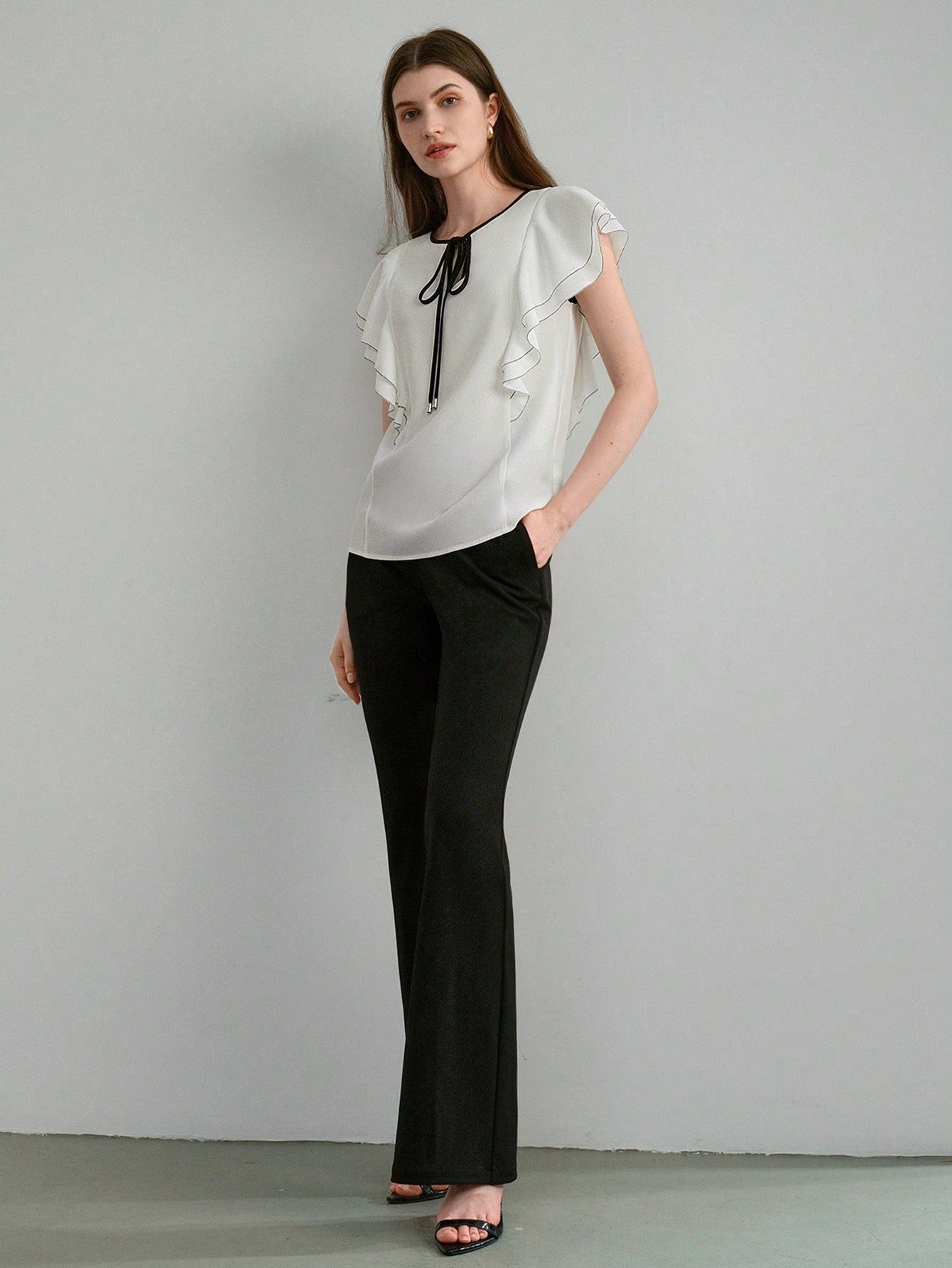 CM-TS568116 Women Elegant Seoul Style Colorblock Tie Neck Ruffle Armhole Short Sleeve Blouse
