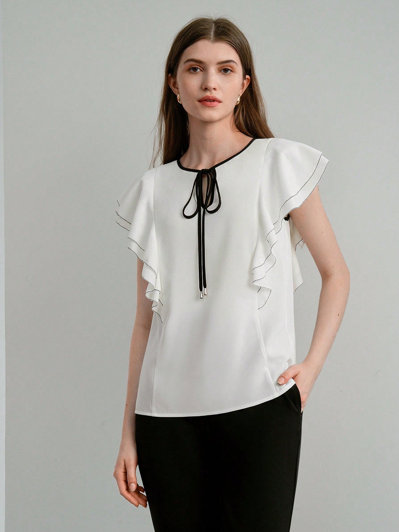 CM-TS568116 Women Elegant Seoul Style Colorblock Tie Neck Ruffle Armhole Short Sleeve Blouse