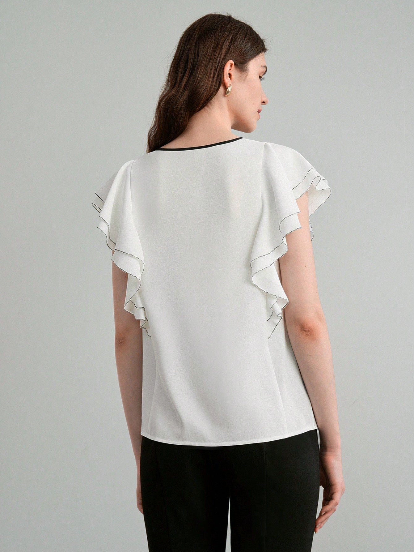 CM-TS568116 Women Elegant Seoul Style Colorblock Tie Neck Ruffle Armhole Short Sleeve Blouse
