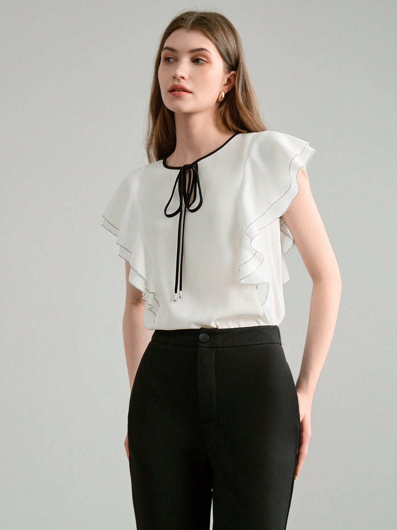 CM-TS568116 Women Elegant Seoul Style Colorblock Tie Neck Ruffle Armhole Short Sleeve Blouse