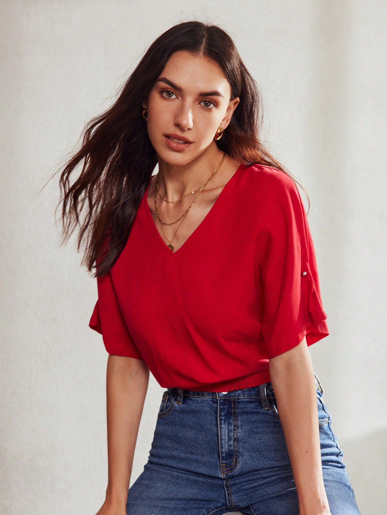 CM-TS097899 Women Elegant Seoul Style V-Neck Batwing Sleeve Shirred Hem Blouse - Red