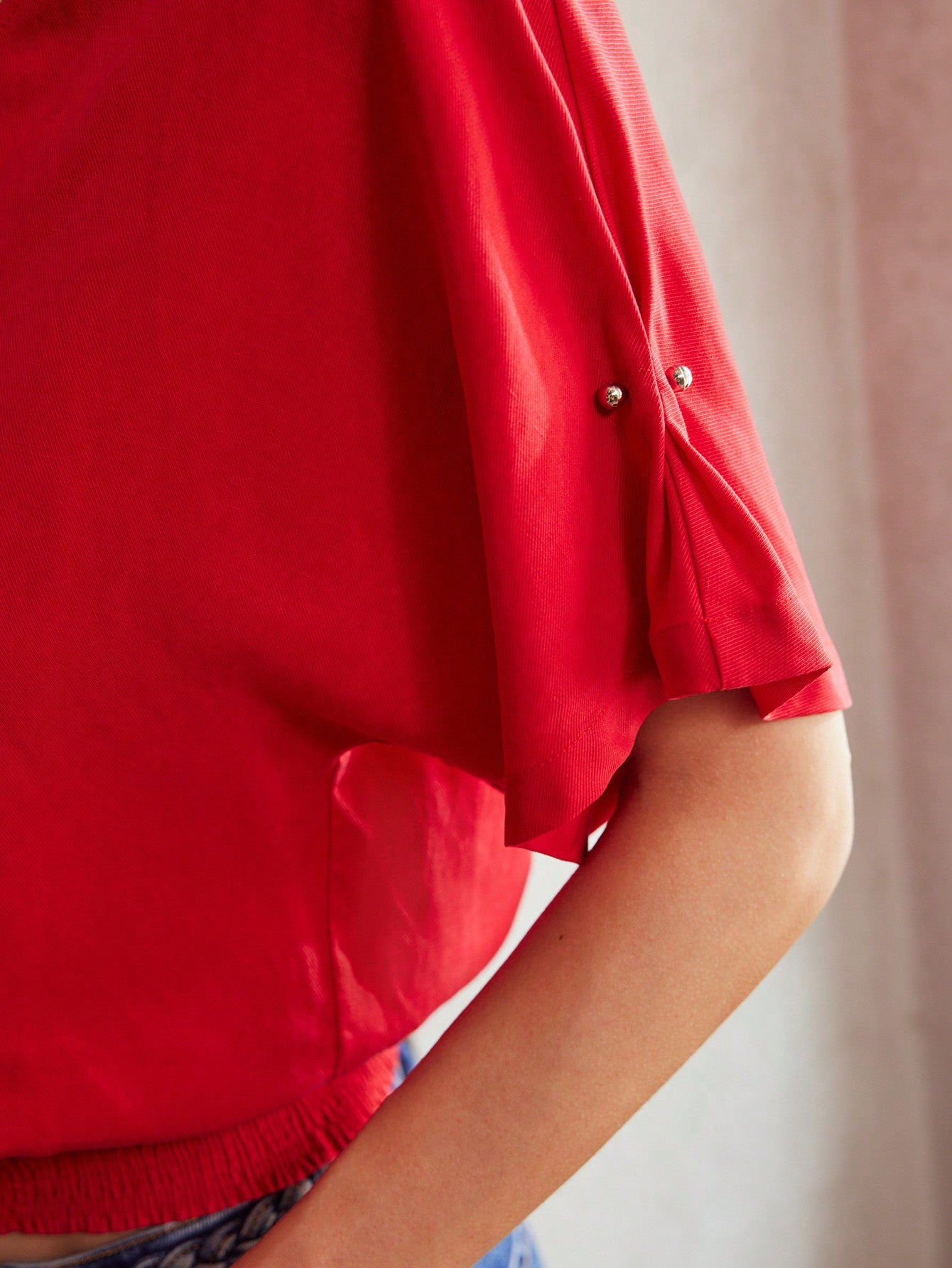 CM-TS097899 Women Elegant Seoul Style V-Neck Batwing Sleeve Shirred Hem Blouse - Red