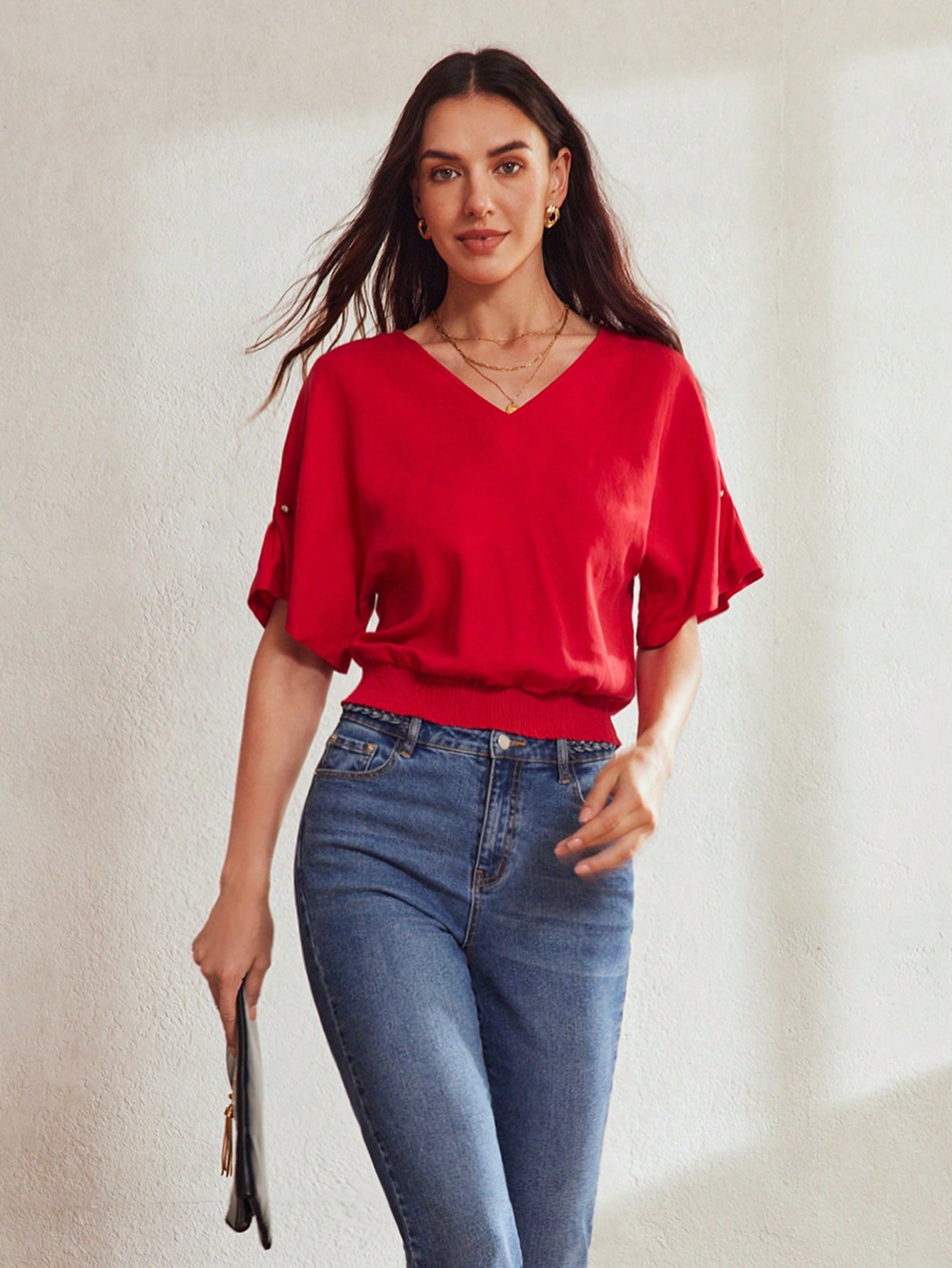 CM-TS097899 Women Elegant Seoul Style V-Neck Batwing Sleeve Shirred Hem Blouse - Red