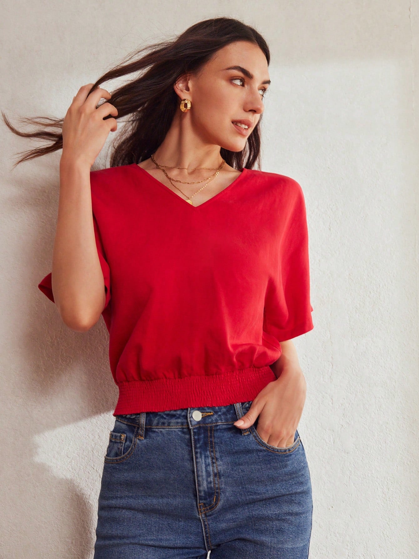 CM-TS097899 Women Elegant Seoul Style V-Neck Batwing Sleeve Shirred Hem Blouse - Red