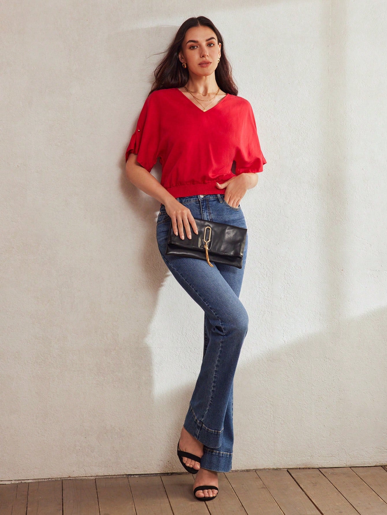 CM-TS097899 Women Elegant Seoul Style V-Neck Batwing Sleeve Shirred Hem Blouse - Red