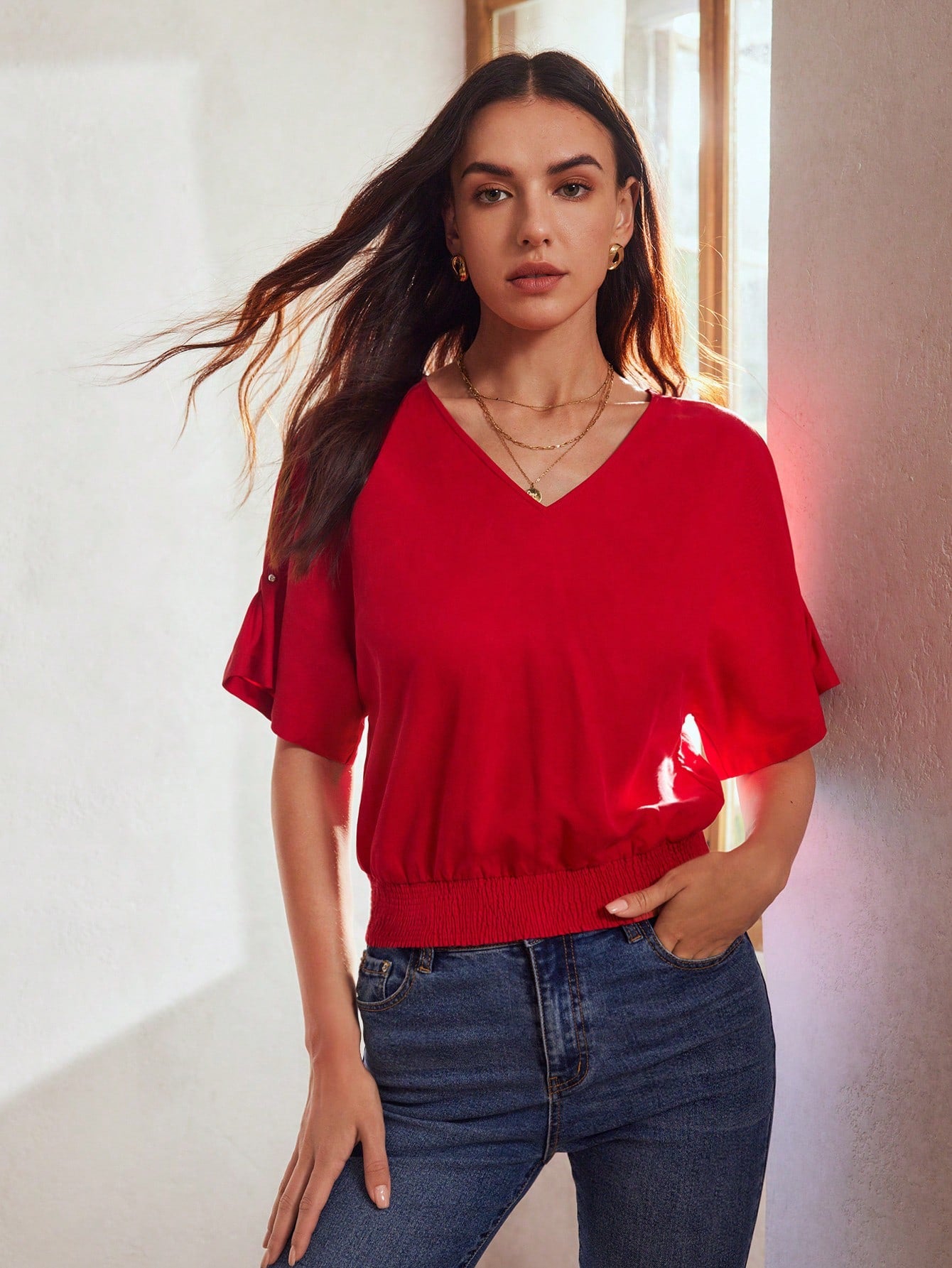 CM-TS097899 Women Elegant Seoul Style V-Neck Batwing Sleeve Shirred Hem Blouse - Red