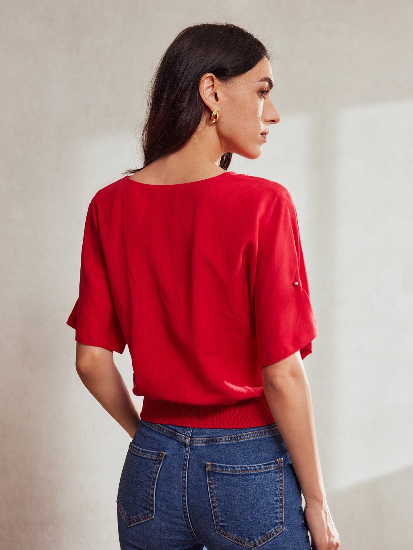 CM-TS097899 Women Elegant Seoul Style V-Neck Batwing Sleeve Shirred Hem Blouse - Red