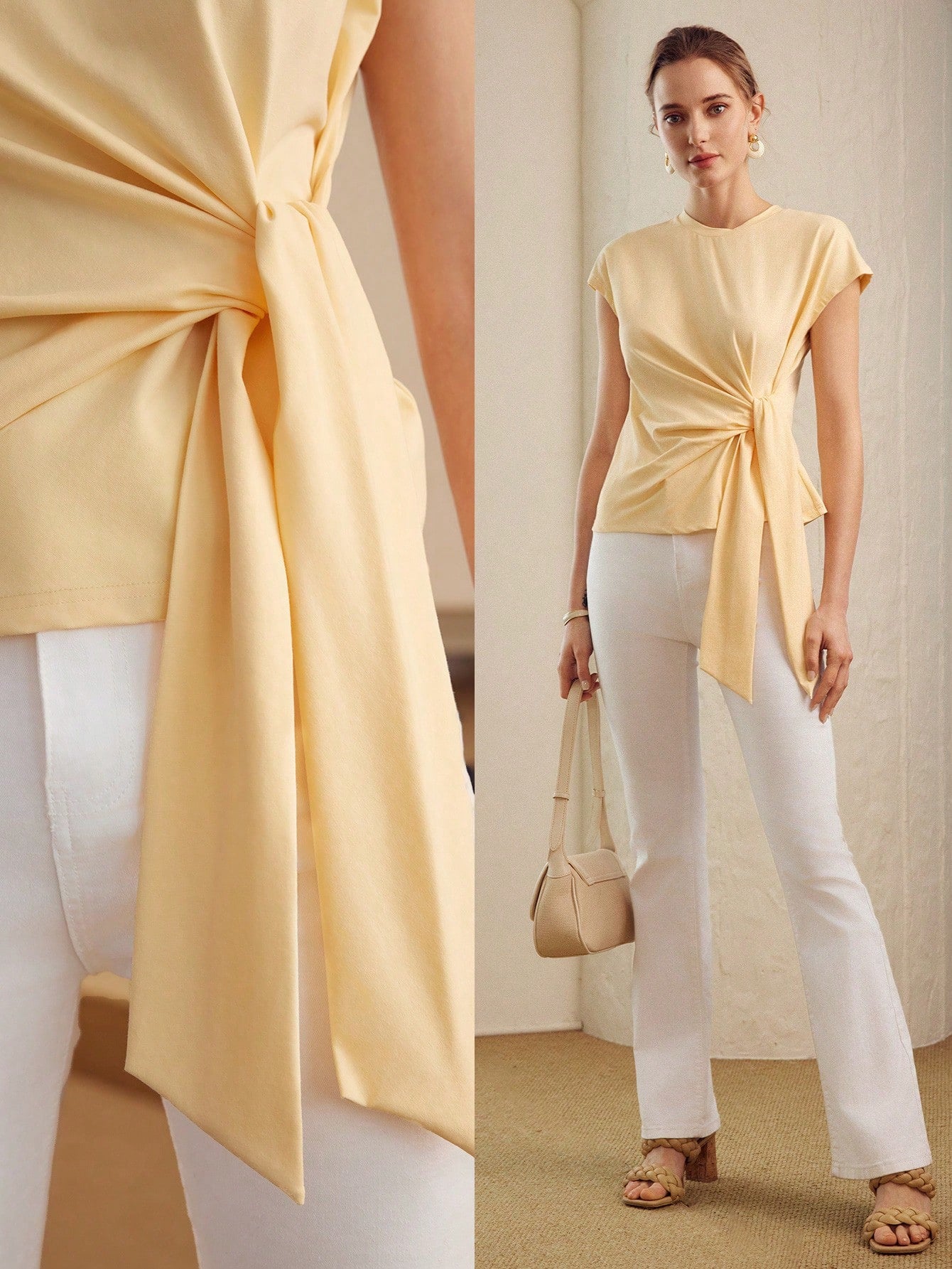 CM-TS625504 Women Casual Seoul Style Round Neck Batwing Sleeve Knot Front Tee - Yellow