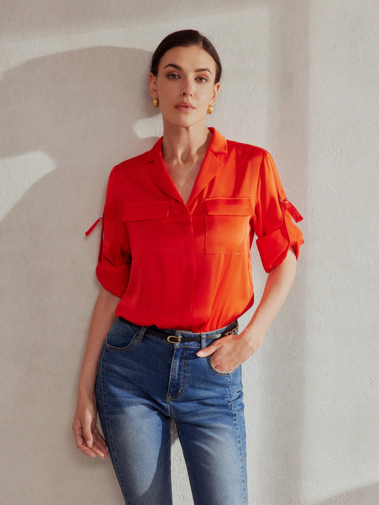 CM-TS910134 Women Elegant Seoul Style Lapel Neckline Roll Tab Sleeve Flap Pocket Shirt