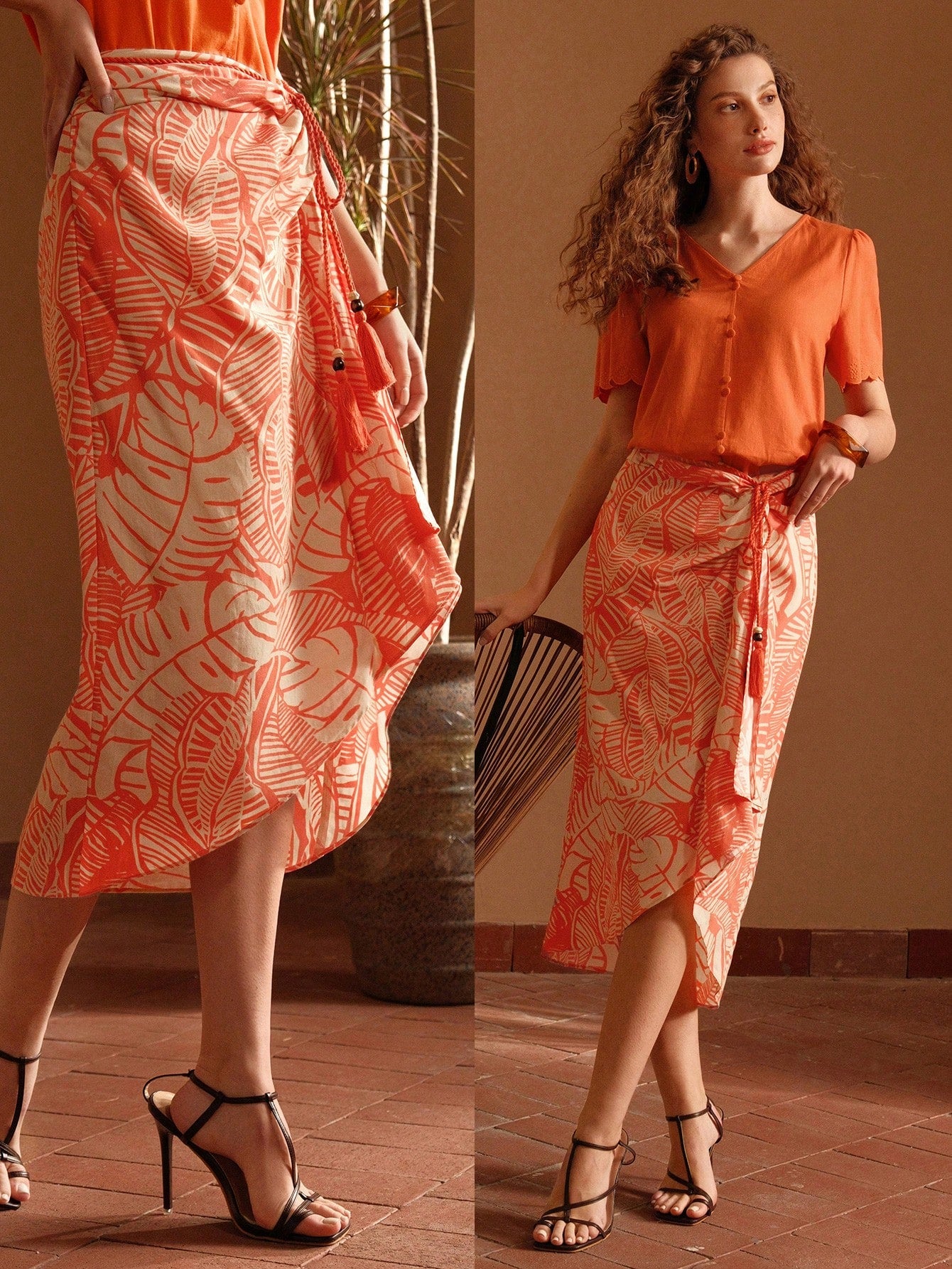 CM-BS979959 Women Trendy Bohemian Style Tropical Printed Asymmetric Hem Draped Skirt