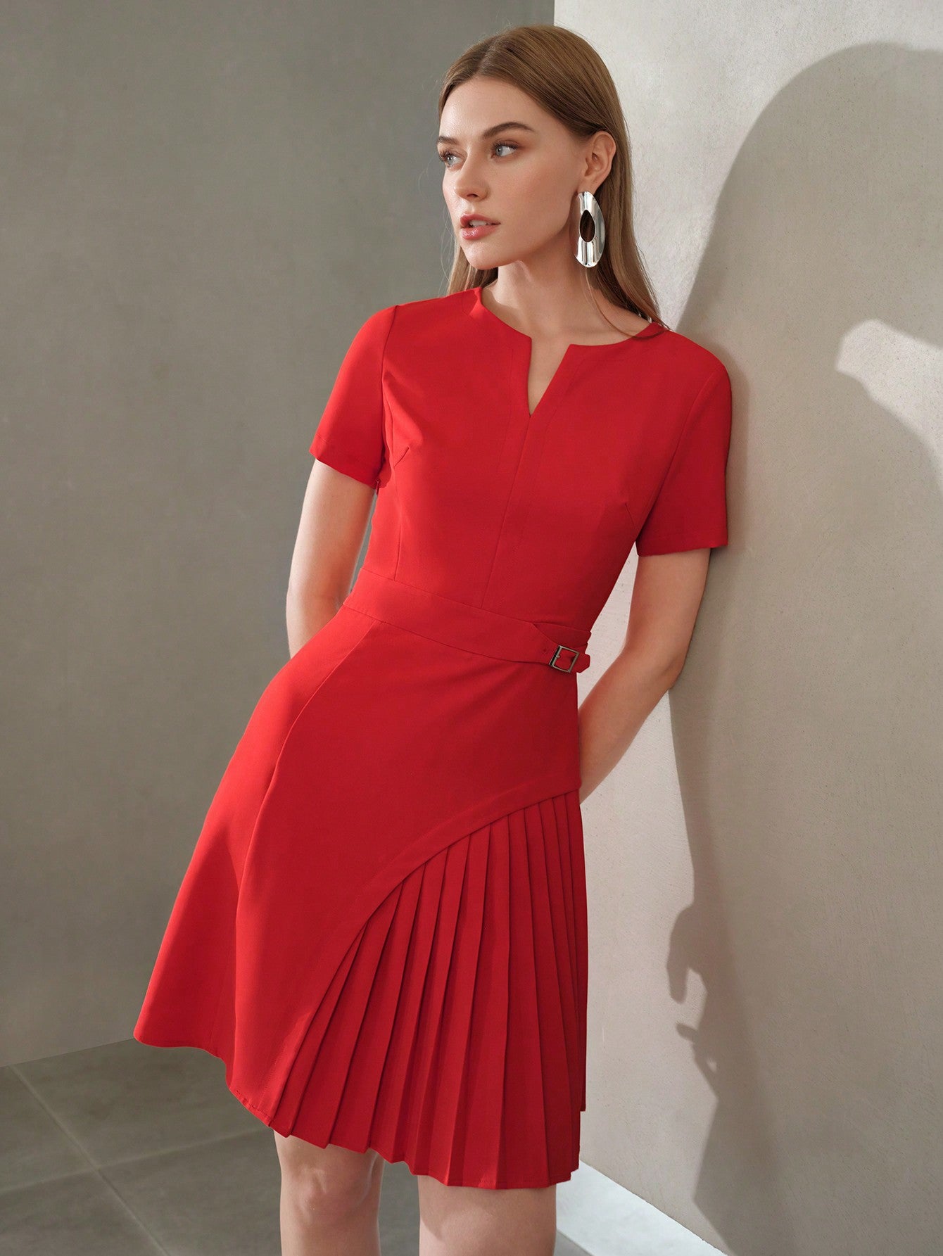 CM-DS395955 Women Elegant Seoul Style Notch Neck Short Sleeve Buckle Waist Pleated Panel Dress - Red