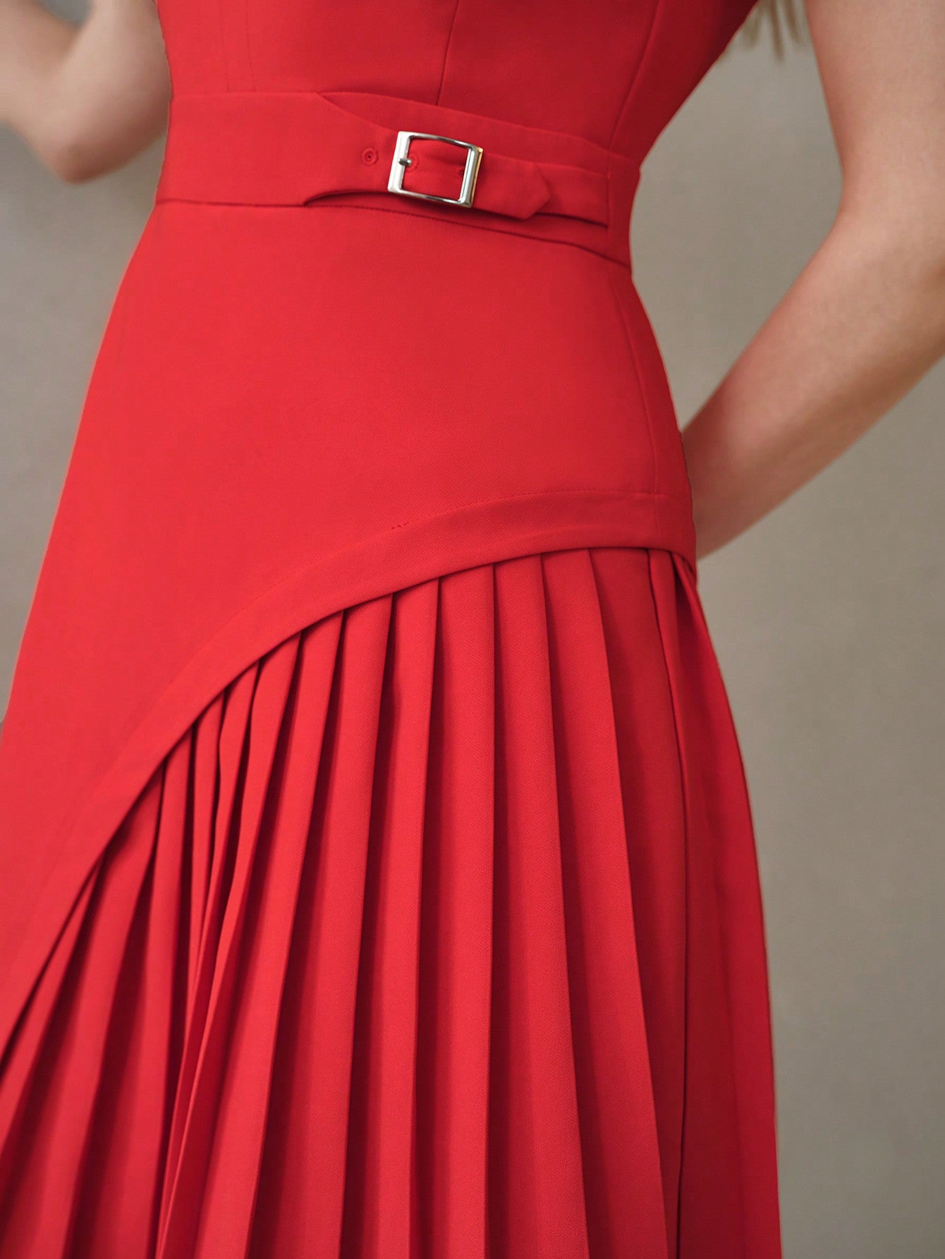 CM-DS395955 Women Elegant Seoul Style Notch Neck Short Sleeve Buckle Waist Pleated Panel Dress - Red