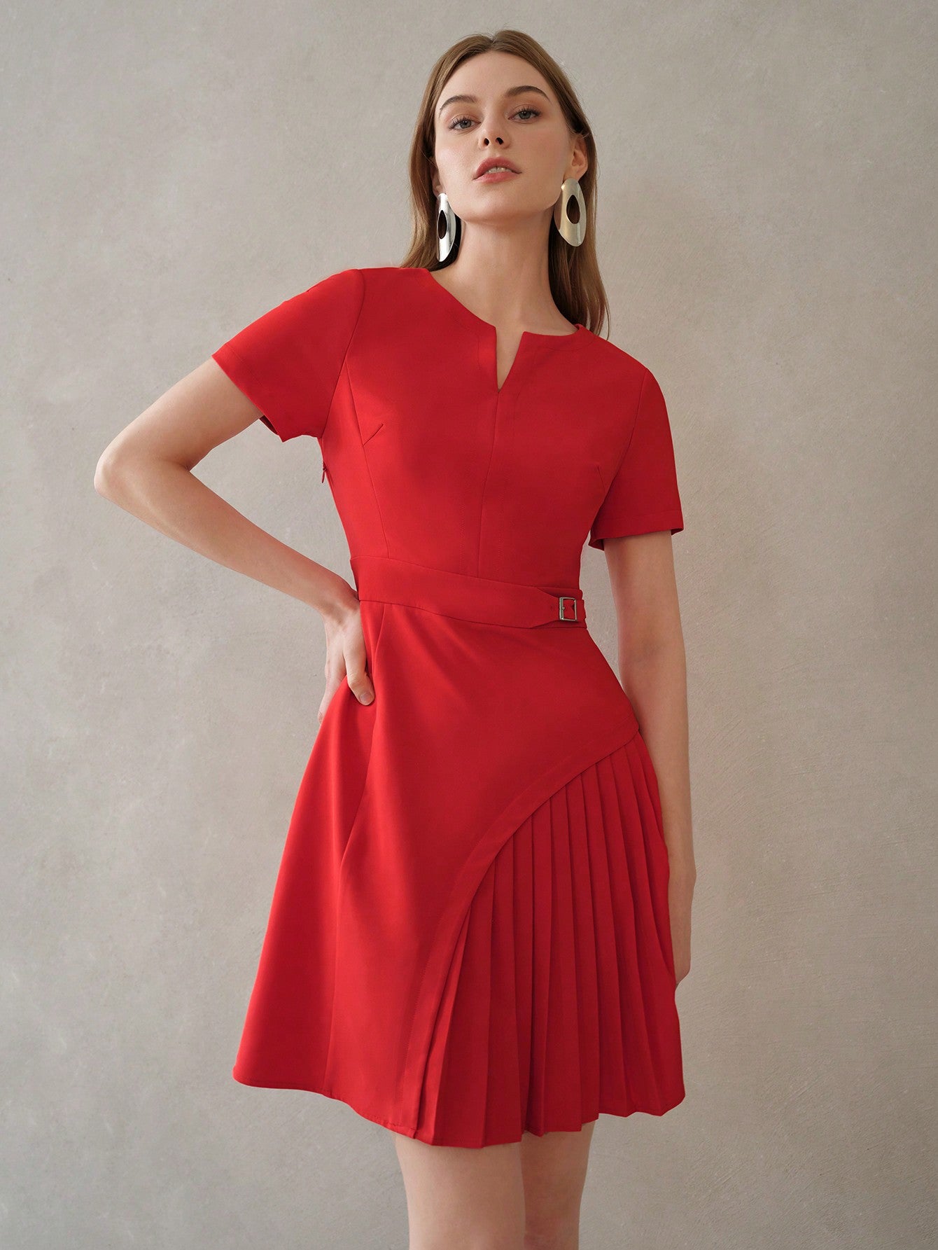 CM-DS395955 Women Elegant Seoul Style Notch Neck Short Sleeve Buckle Waist Pleated Panel Dress - Red