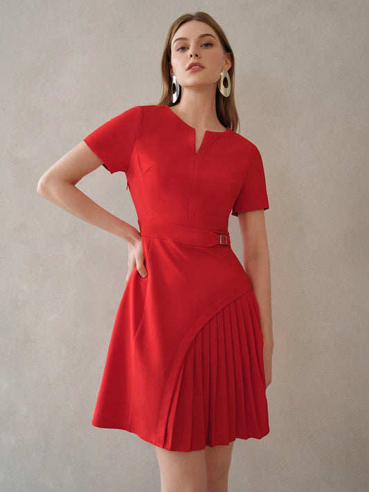 CM-DS395955 Women Elegant Seoul Style Notch Neck Short Sleeve Buckle Waist Pleated Panel Dress - Red