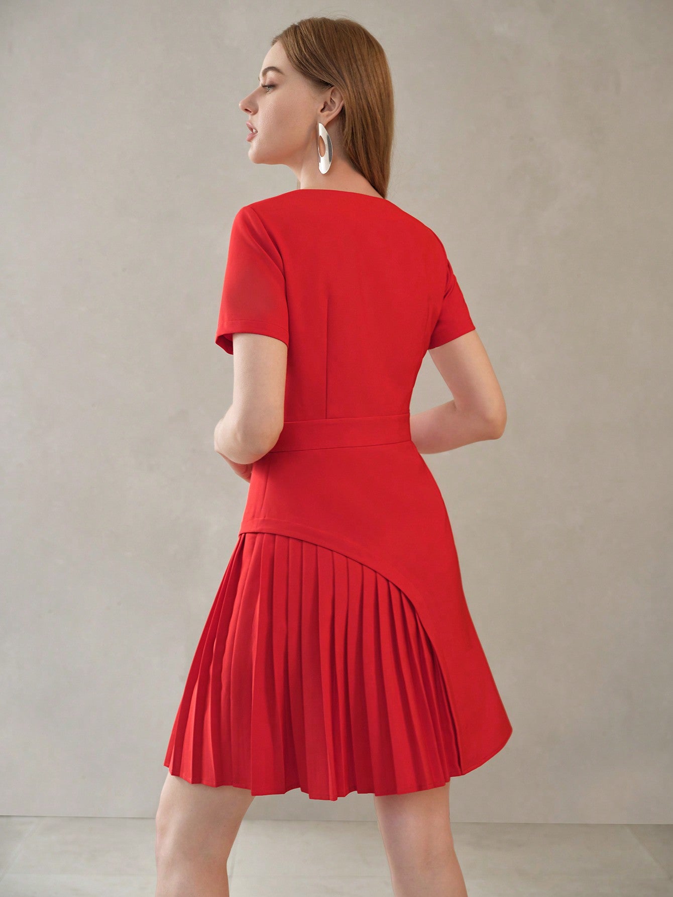 CM-DS395955 Women Elegant Seoul Style Notch Neck Short Sleeve Buckle Waist Pleated Panel Dress - Red