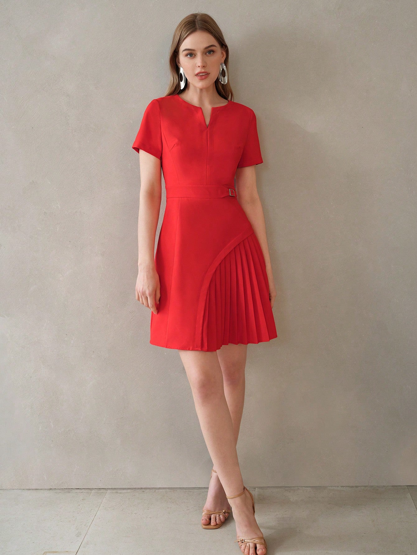 CM-DS395955 Women Elegant Seoul Style Notch Neck Short Sleeve Buckle Waist Pleated Panel Dress - Red