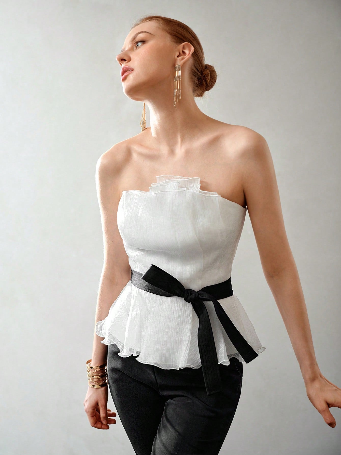 CM-TS166853 Women Elegant Seoul Style Colorblock Plisse Ruffle Hem Belted Tube Top