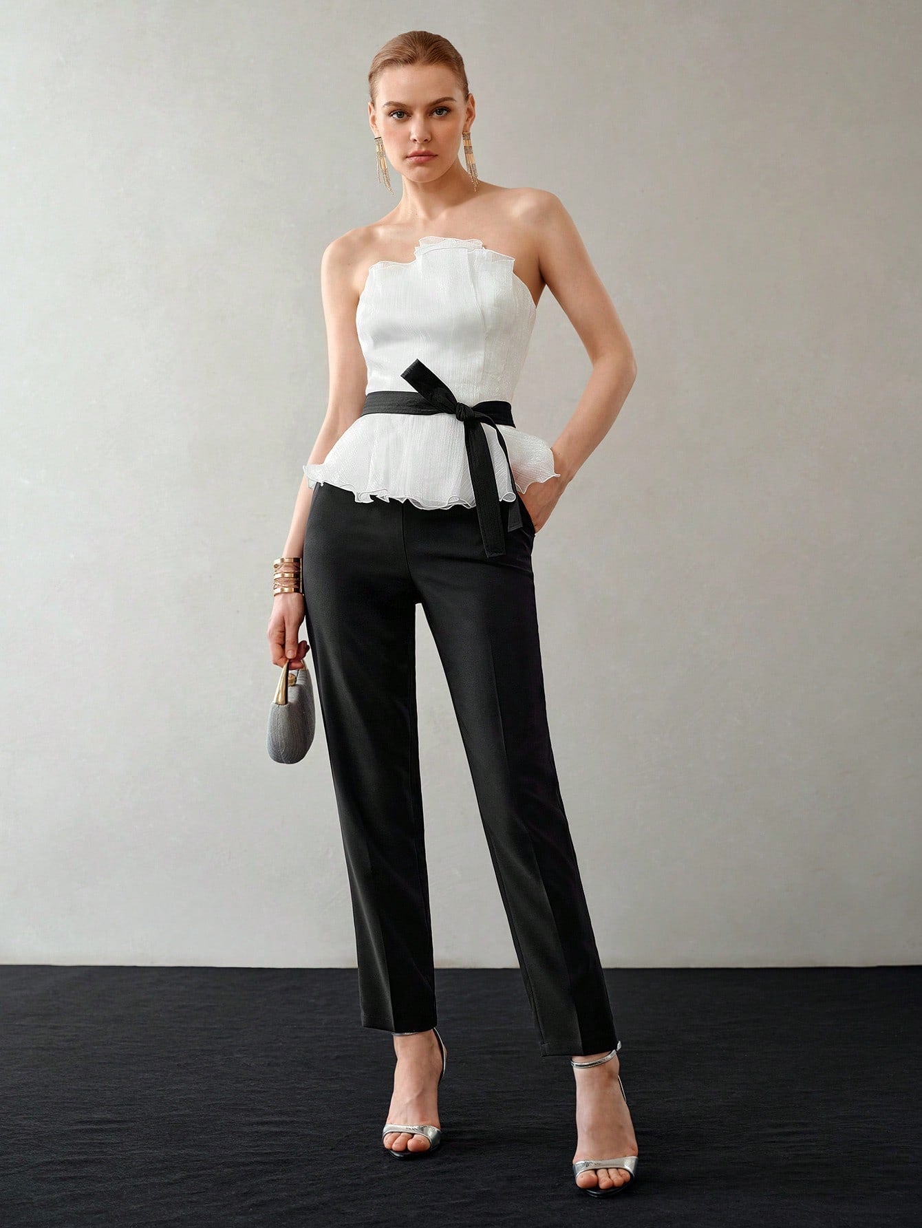 CM-TS166853 Women Elegant Seoul Style Colorblock Plisse Ruffle Hem Belted Tube Top