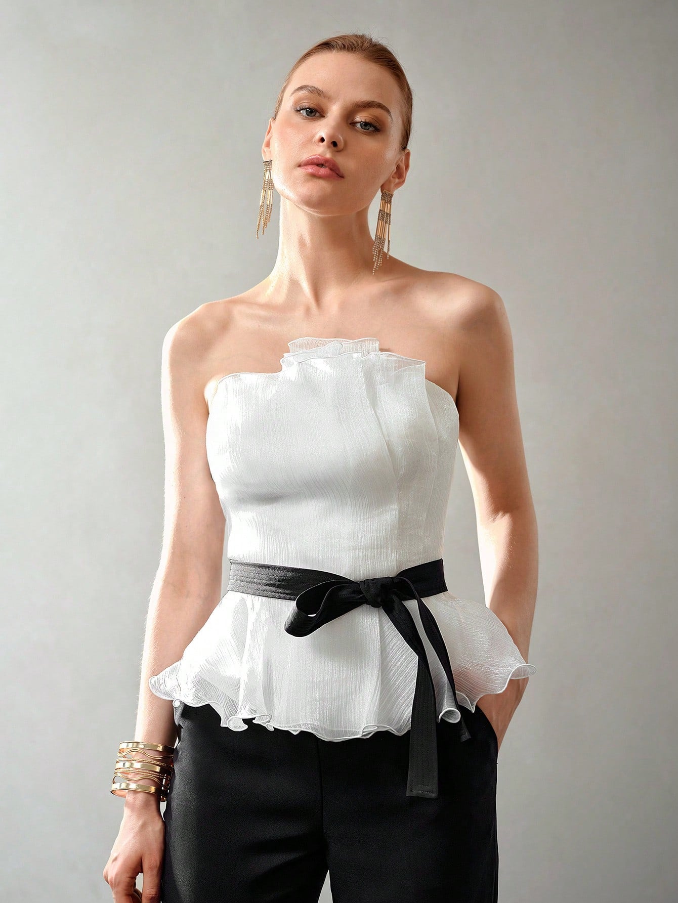 CM-TS166853 Women Elegant Seoul Style Colorblock Plisse Ruffle Hem Belted Tube Top