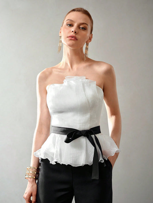 CM-TS166853 Women Elegant Seoul Style Colorblock Plisse Ruffle Hem Belted Tube Top