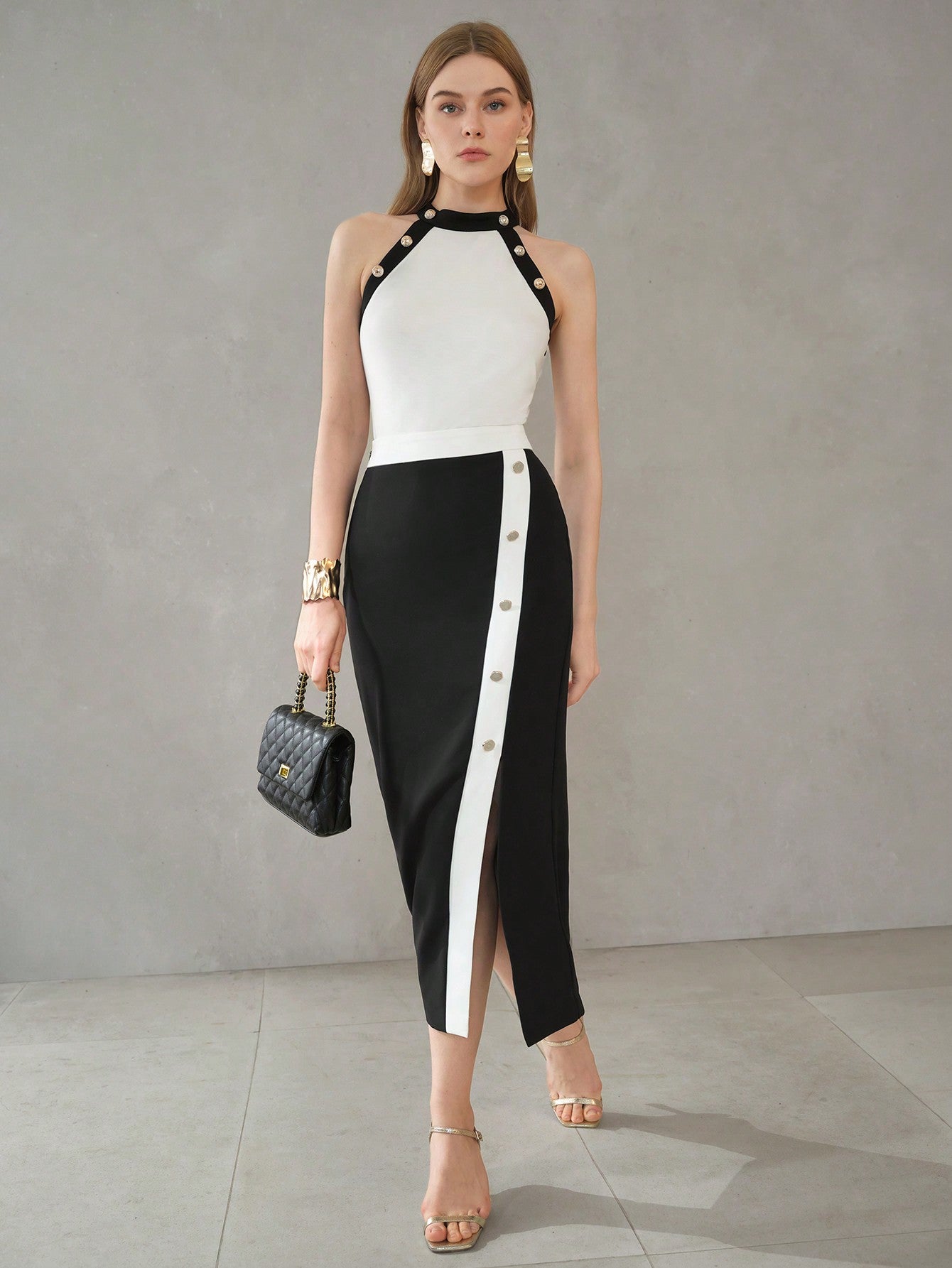 CM-TS922470 Women Elegant Seoul Style Contrast Binding Button Detail Halter Top
