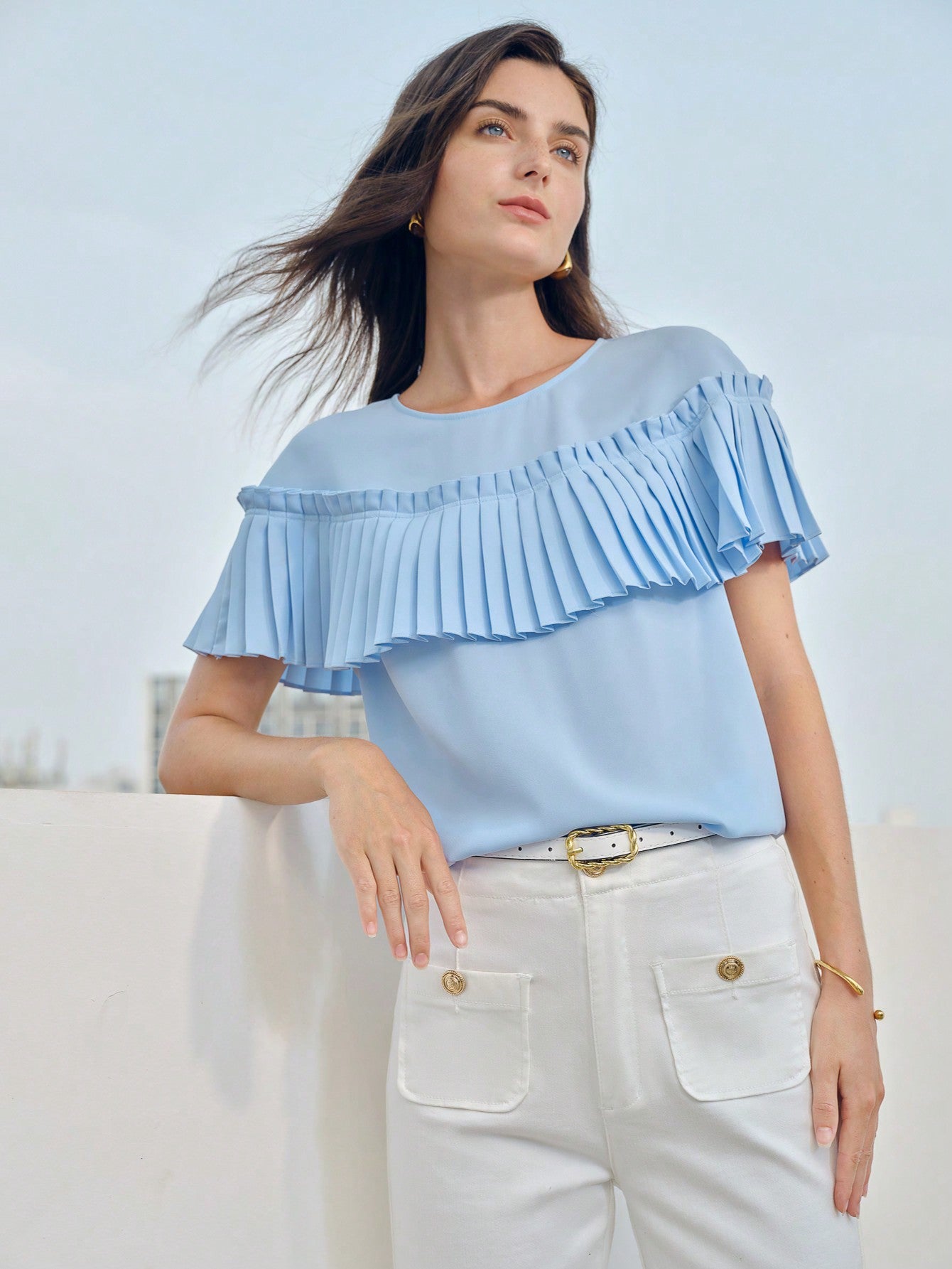 CM-TS943373 Women Elegant Seoul Style Round Neck Short Sleeve Pleated Ruffle Trim Blouse - Blue