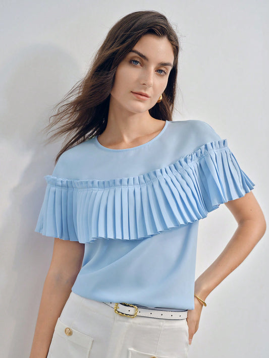 CM-TS943373 Women Elegant Seoul Style Round Neck Short Sleeve Pleated Ruffle Trim Blouse - Blue