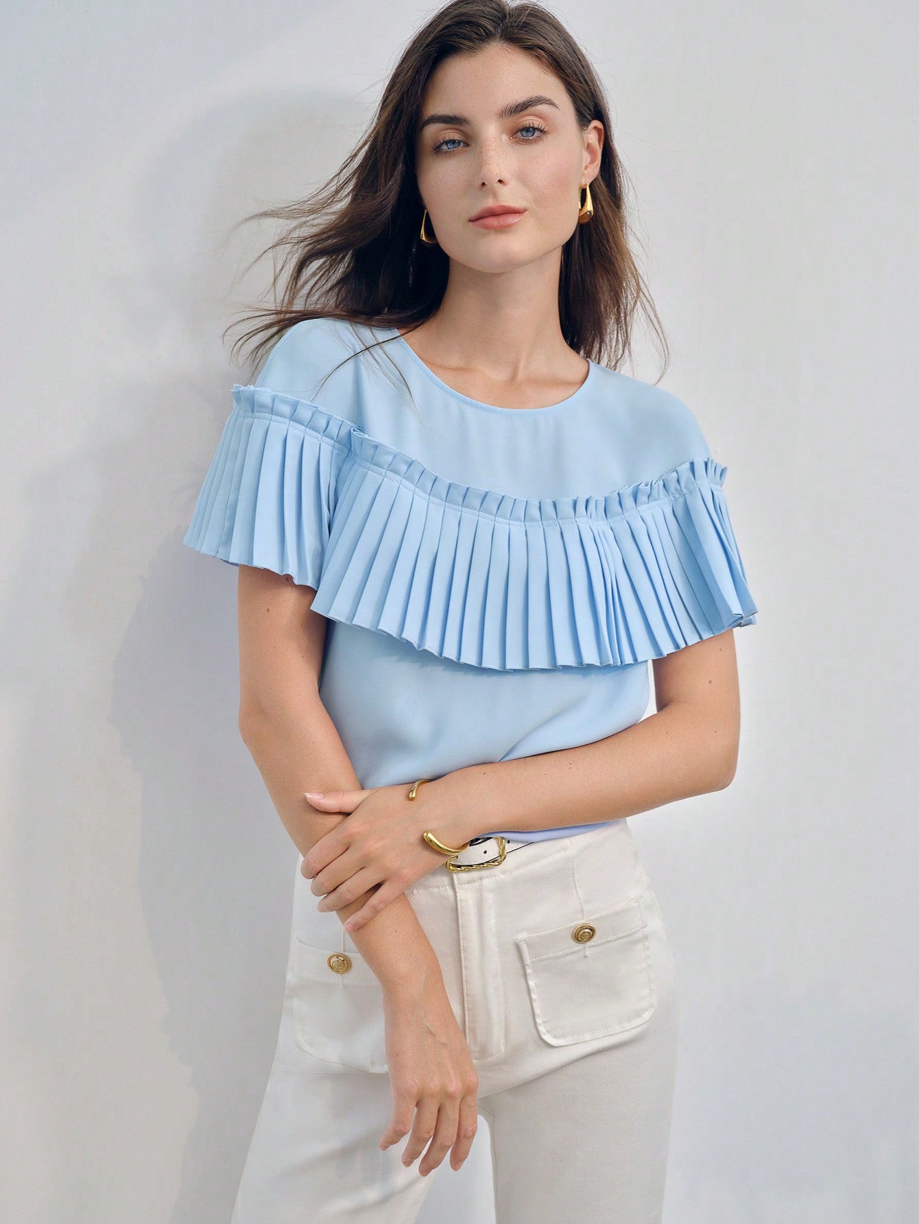CM-TS943373 Women Elegant Seoul Style Round Neck Short Sleeve Pleated Ruffle Trim Blouse - Blue