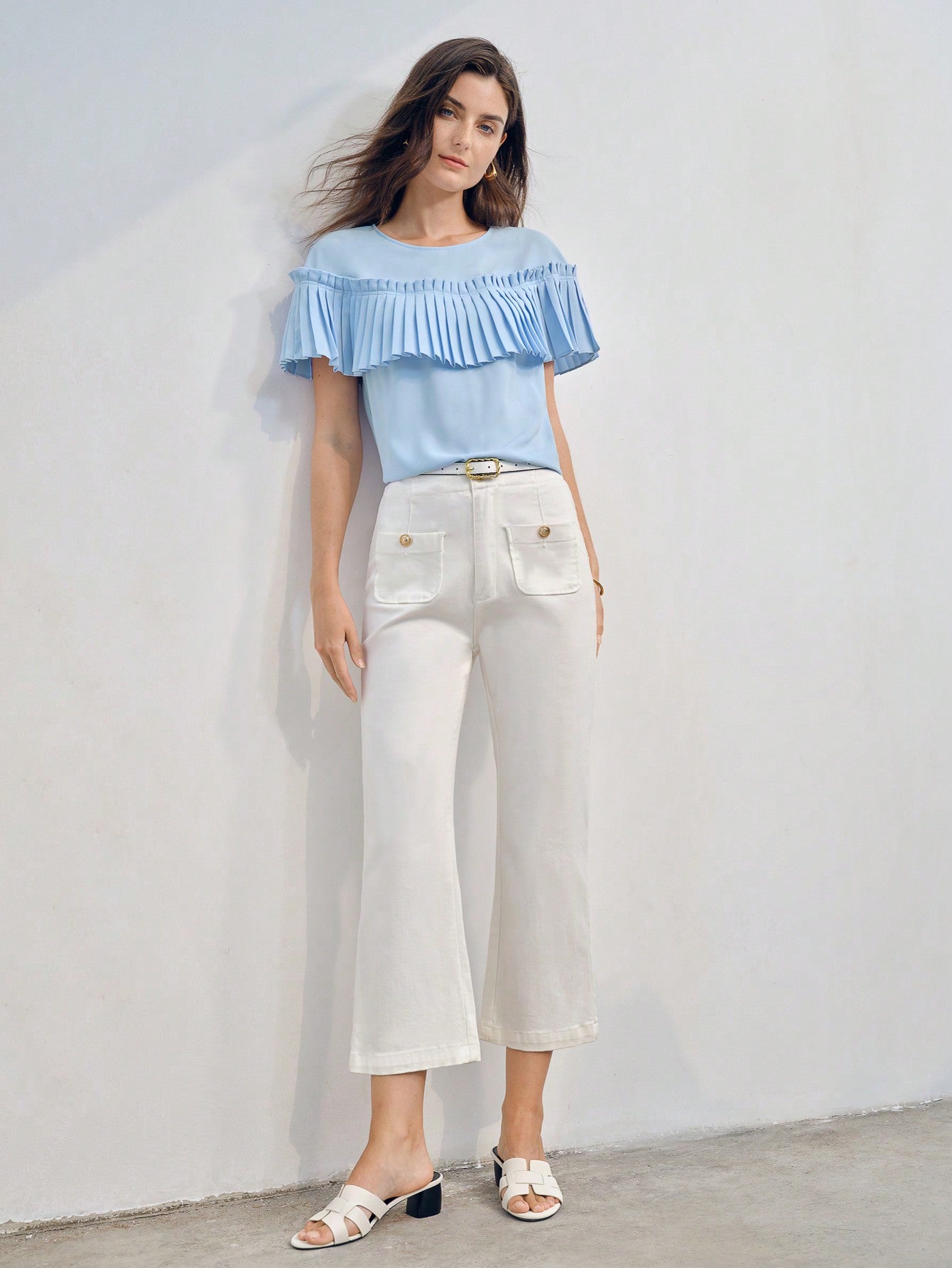 CM-TS943373 Women Elegant Seoul Style Round Neck Short Sleeve Pleated Ruffle Trim Blouse - Blue