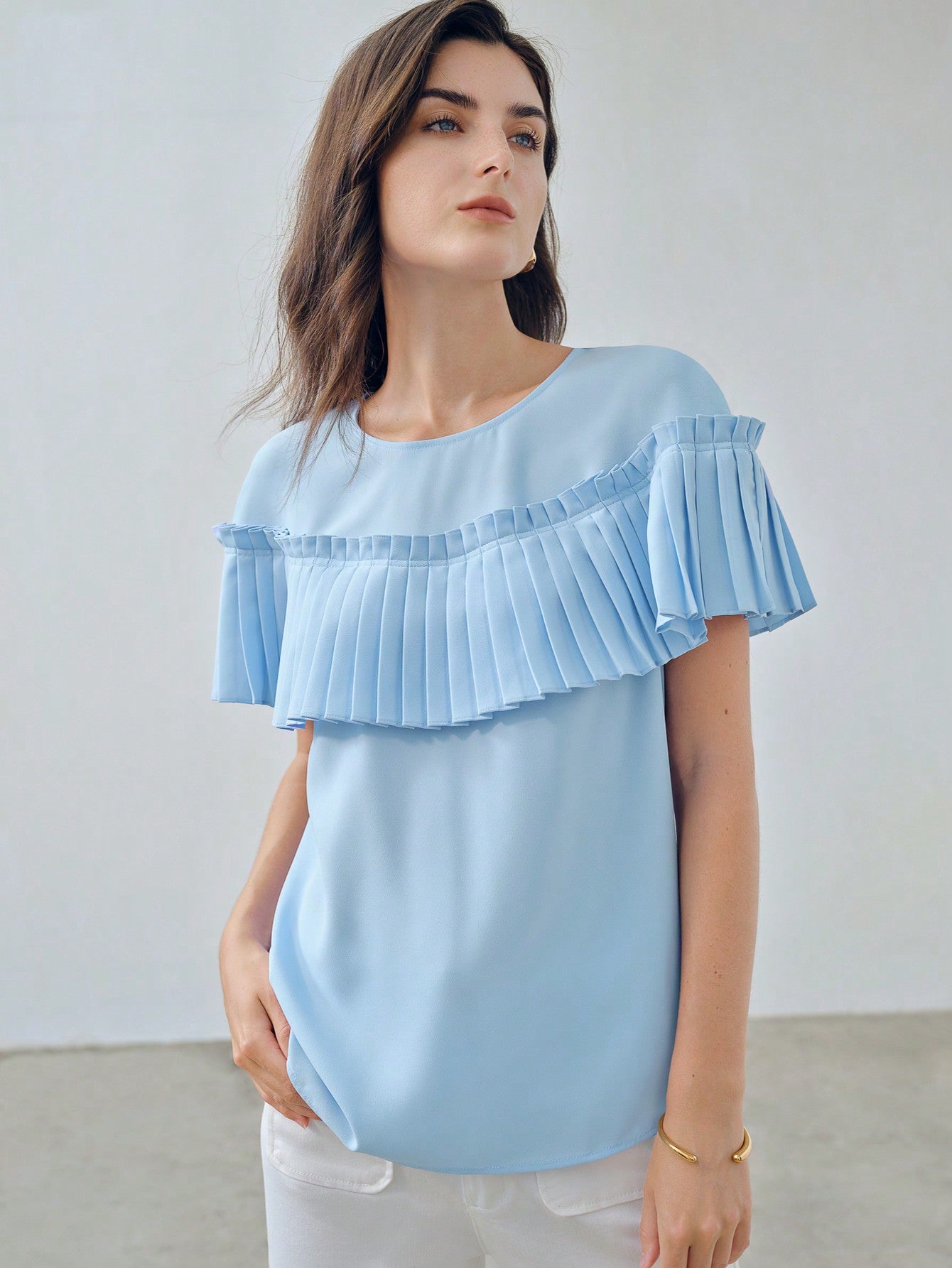 CM-TS943373 Women Elegant Seoul Style Round Neck Short Sleeve Pleated Ruffle Trim Blouse - Blue