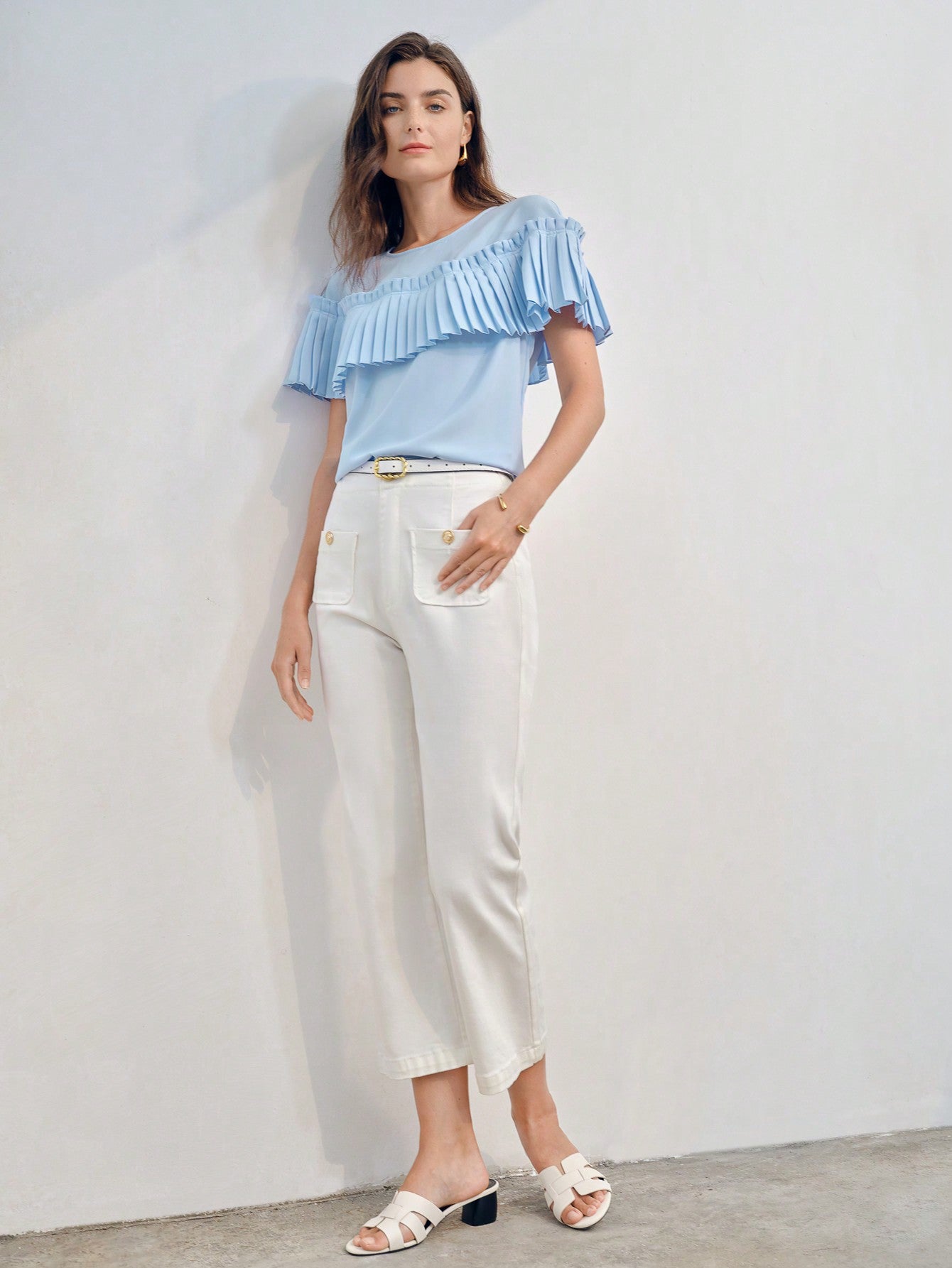 CM-TS943373 Women Elegant Seoul Style Round Neck Short Sleeve Pleated Ruffle Trim Blouse - Blue