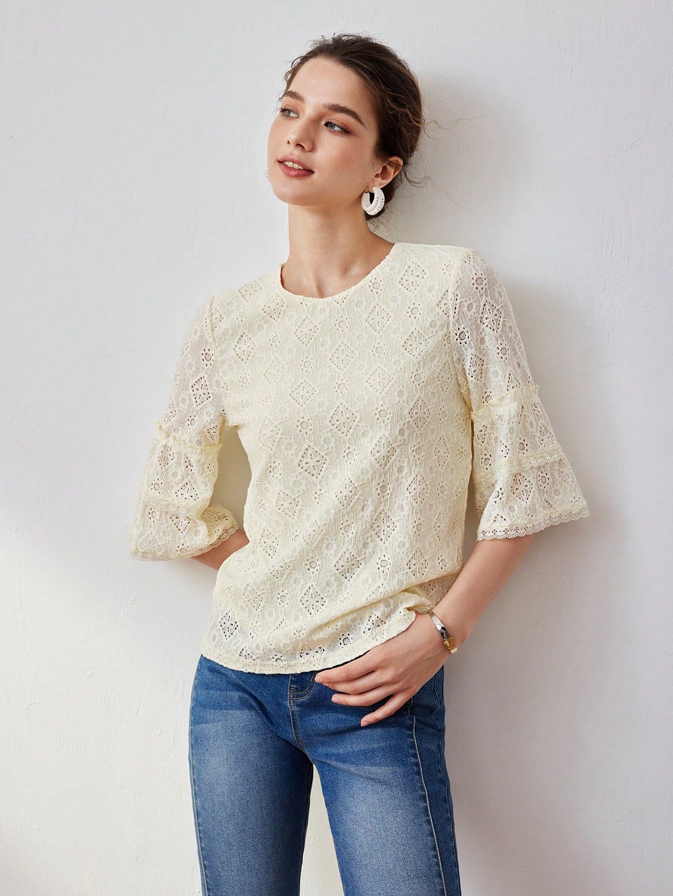 CM-TS005051 Women Casual Seoul Style Round Neck Bell Sleeve Schiffy Tee - Yellow