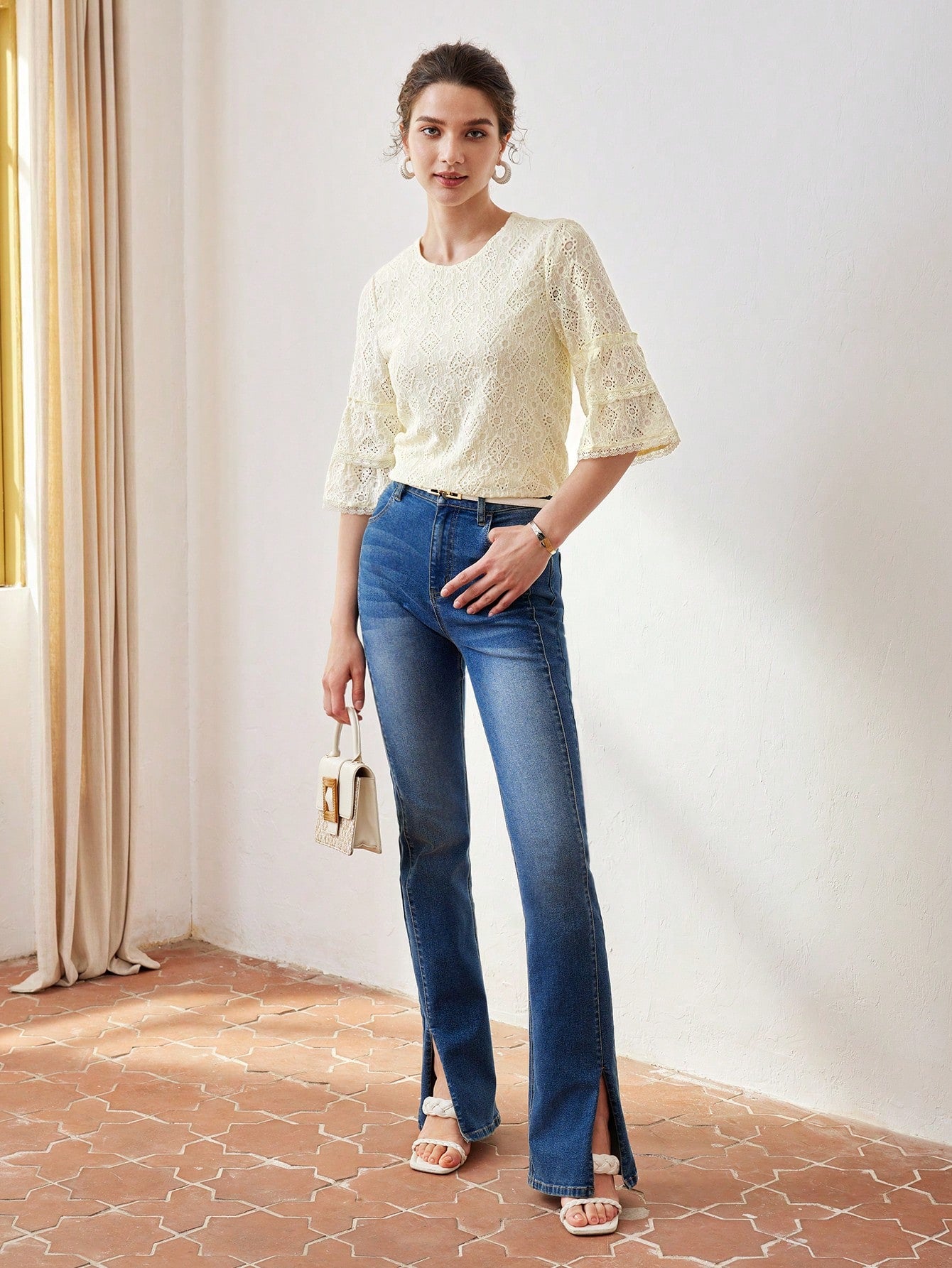 CM-TS005051 Women Casual Seoul Style Round Neck Bell Sleeve Schiffy Tee - Yellow