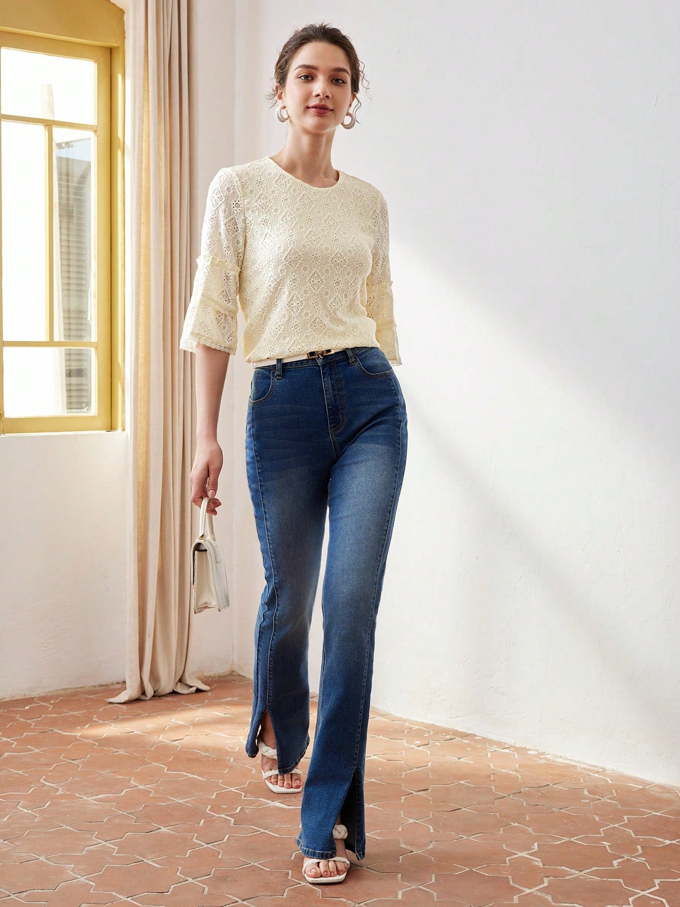 CM-TS005051 Women Casual Seoul Style Round Neck Bell Sleeve Schiffy Tee - Yellow