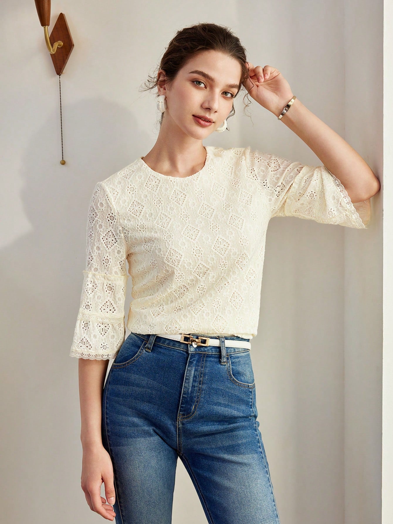 CM-TS005051 Women Casual Seoul Style Round Neck Bell Sleeve Schiffy Tee - Yellow